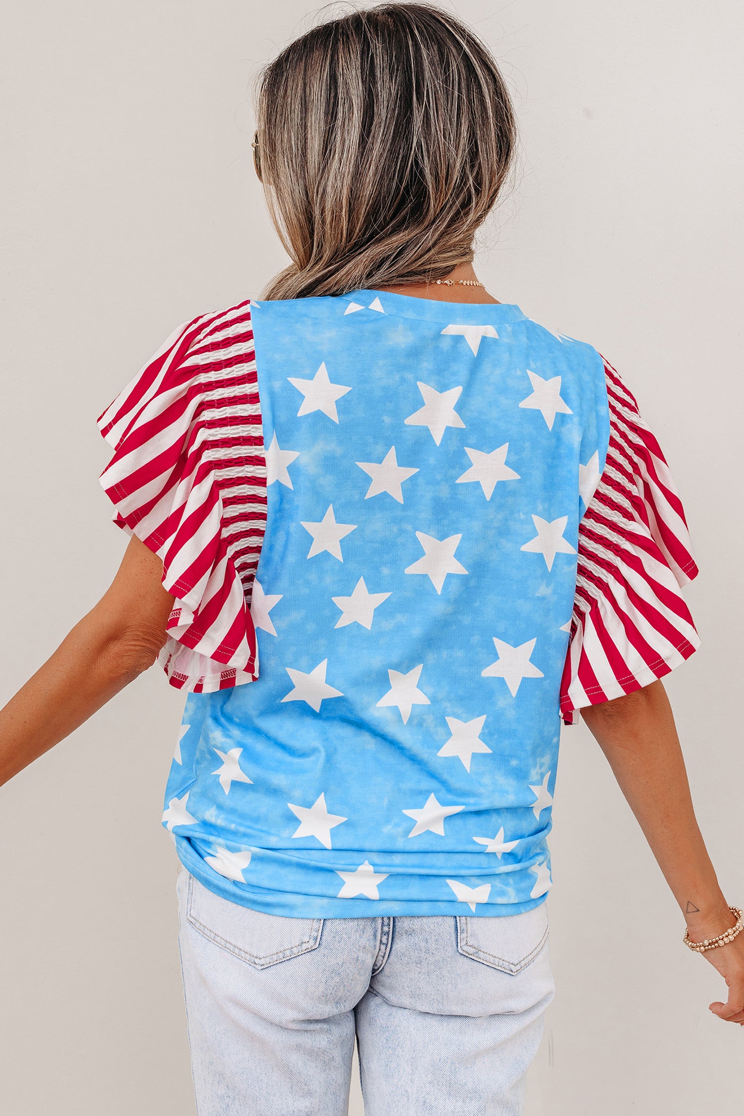 Sky Blue Vintage Star Print Striped Ruffle Sleeve Independence Day Top-Tops/Tops & Tees-[Adult]-[Female]-2022 Online Blue Zone Planet