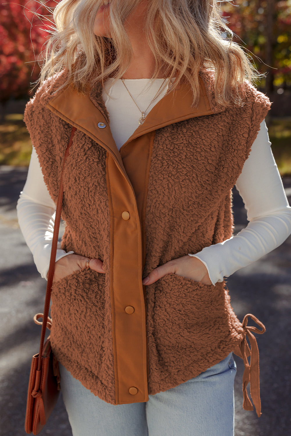 Cinnamon Faux Fur Snap Button Front Knot Side Plush Vest With Pockets-Outerwear/Vests-[Adult]-[Female]-2022 Online Blue Zone Planet