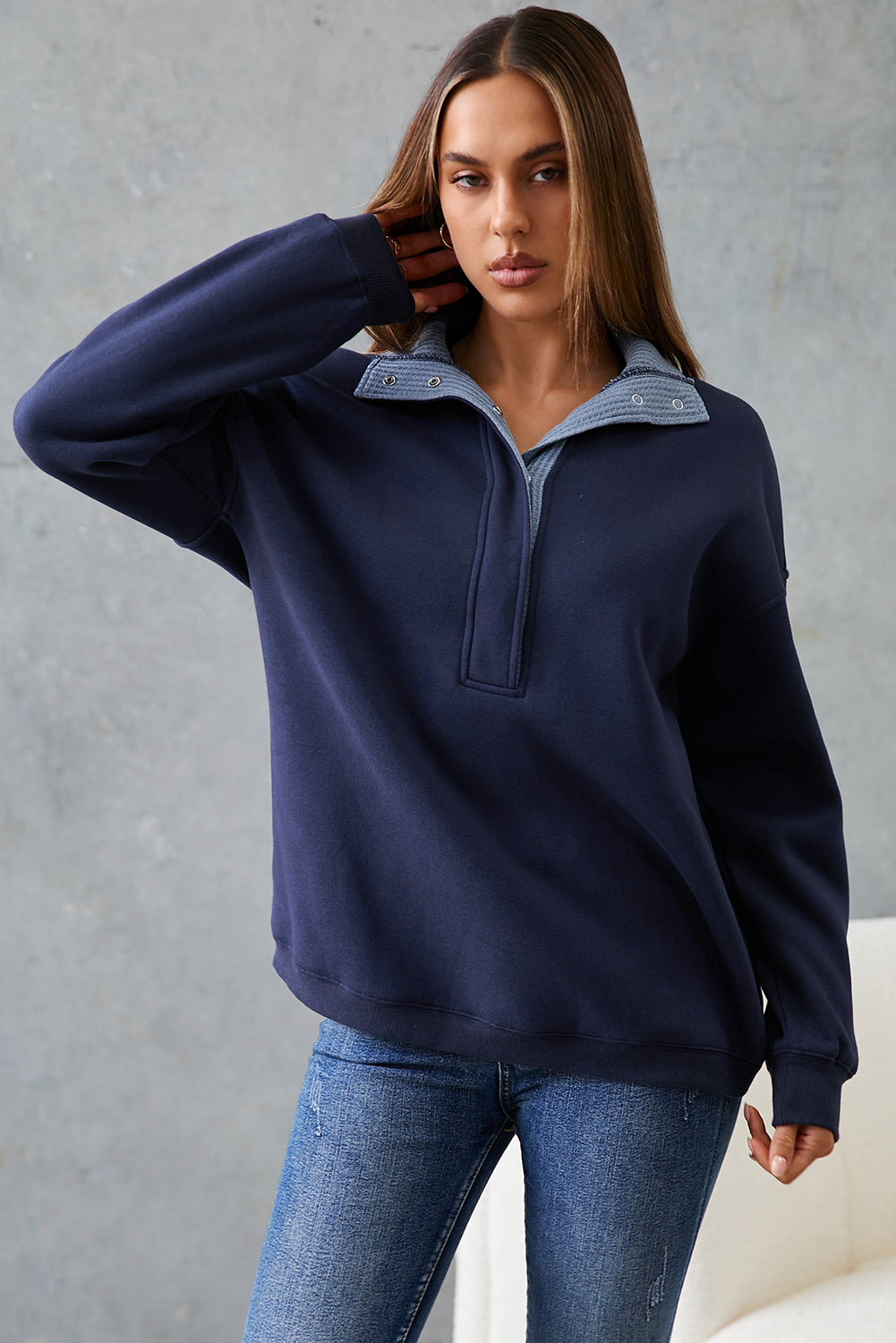 Dirty blue Drop Shoulder Metal Button Casual Pullover Sweatshirt-Tops/Sweatshirts & Hoodies-[Adult]-[Female]-2022 Online Blue Zone Planet