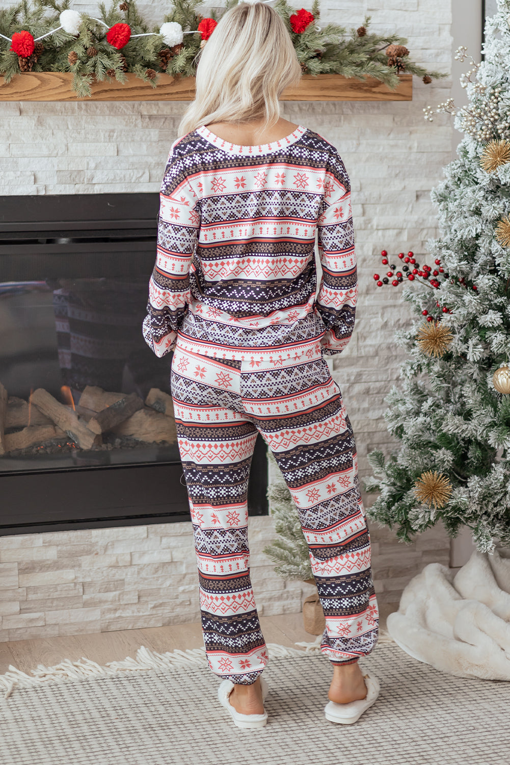 Black Retro Christmas Pattern Loose Pullover 2pcs Lounge Pant Set-Loungewear & Sleepwear/Loungewear-[Adult]-[Female]-2022 Online Blue Zone Planet