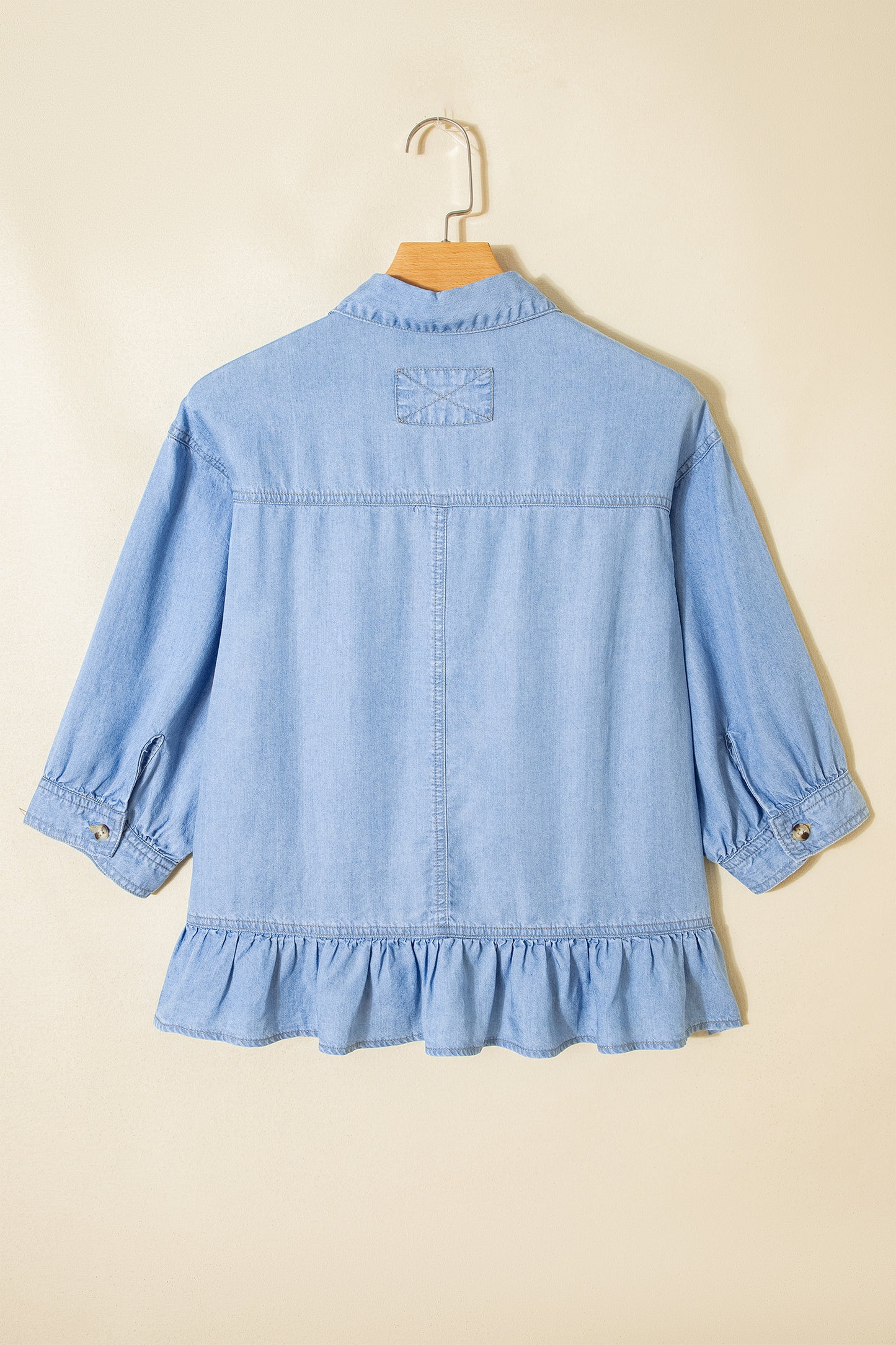Beau Blue Half Sleeve Button Down Ruffled High Low Chambray Shirt-Tops/Blouses & Shirts-[Adult]-[Female]-2022 Online Blue Zone Planet