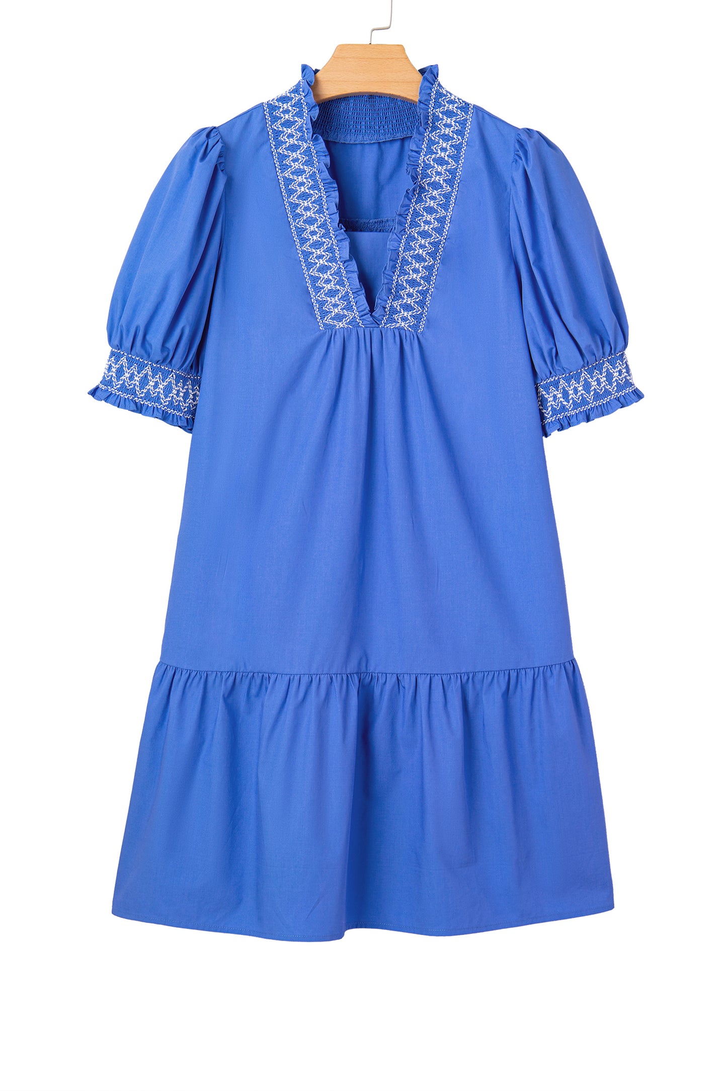 Sky Blue Embroidered Smocked Detail V Neck Short Puff Sleeve Mini Dress-TOPS / DRESSES-[Adult]-[Female]-2022 Online Blue Zone Planet