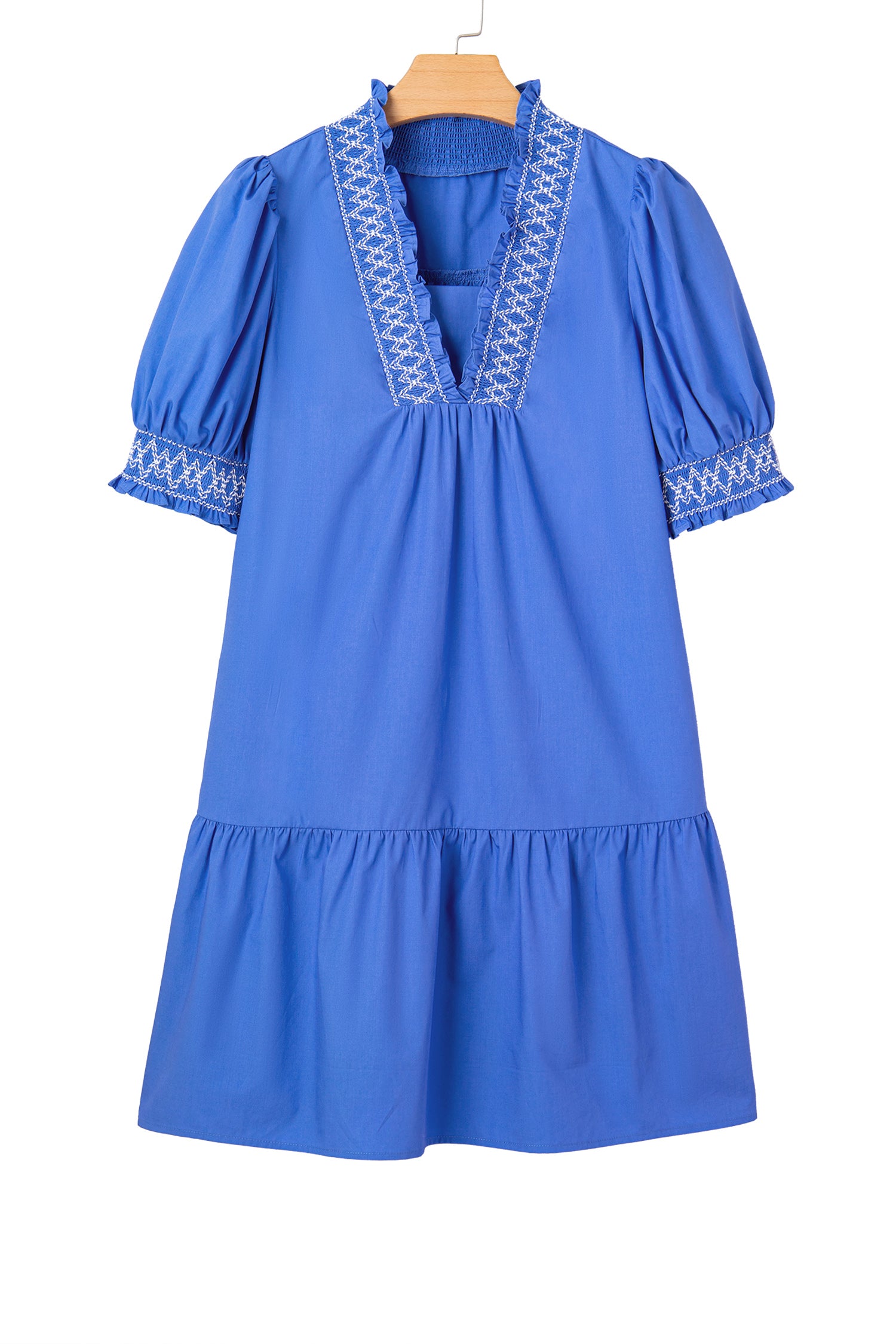 Sky Blue Embroidered Smocked Detail V Neck Short Puff Sleeve Mini Dress-TOPS / DRESSES-[Adult]-[Female]-2022 Online Blue Zone Planet