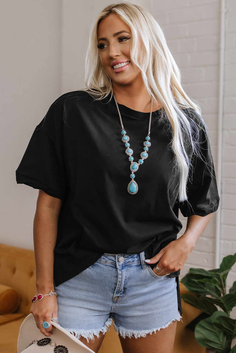 Black Loose Half Sleeve Hi Low Hem T Shirt-Tops/Tops & Tees-[Adult]-[Female]-2022 Online Blue Zone Planet