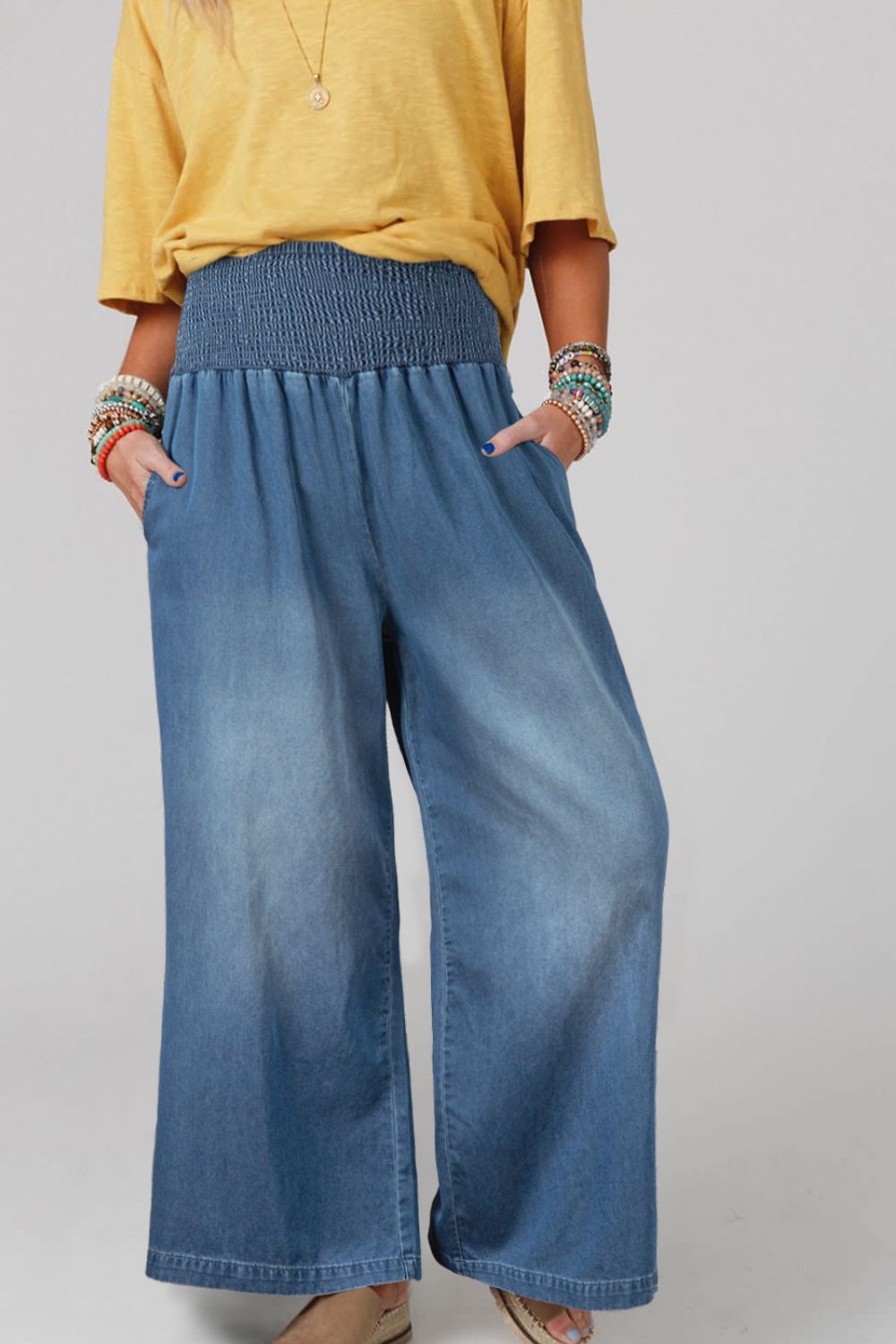 Smocked Wide Leg Jeans-BOTTOMS-[Adult]-[Female]-Medium-S-2022 Online Blue Zone Planet