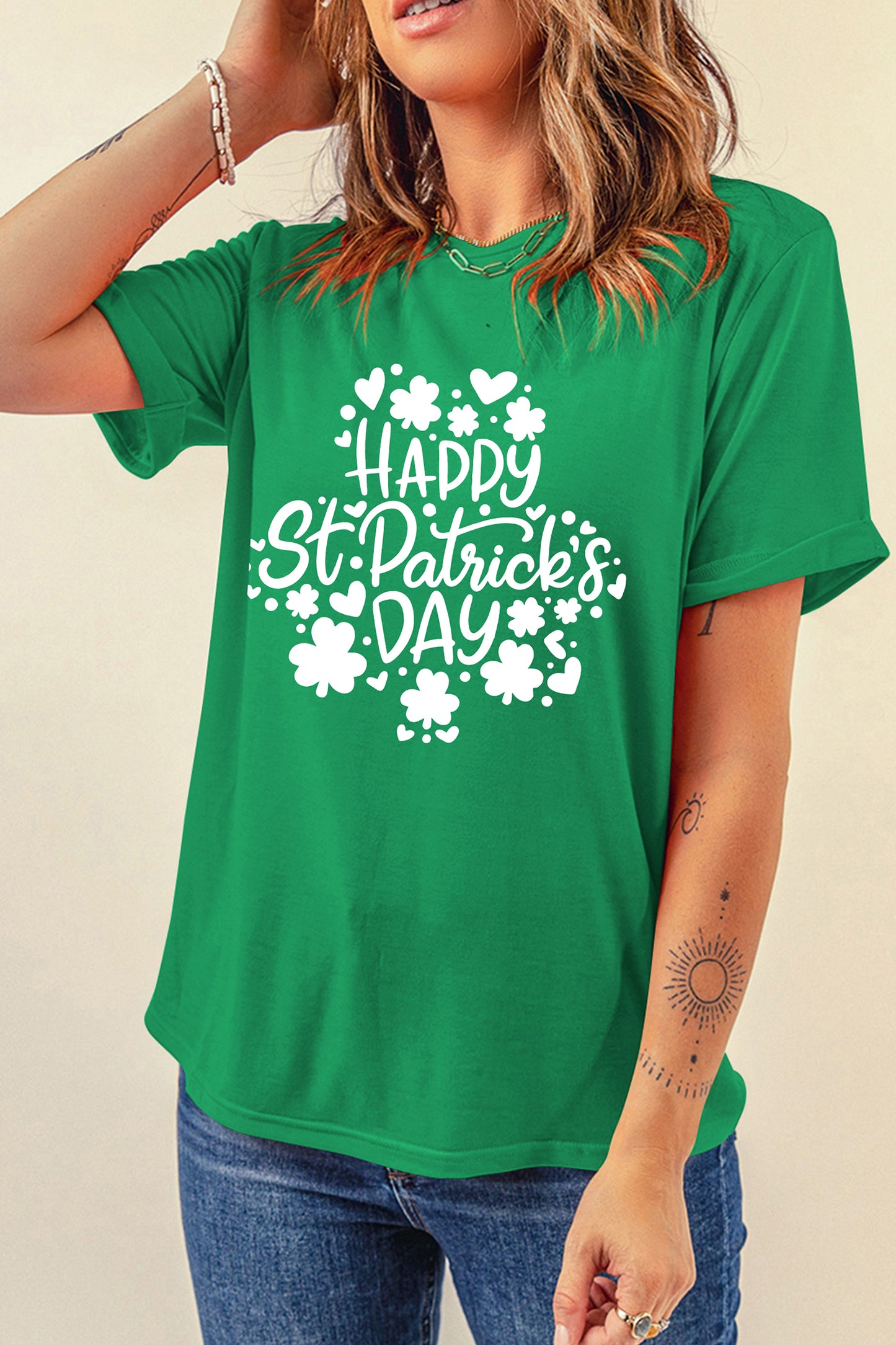Bright Green Happy St Patricks Day Clover Printed Casual T Shirt-Graphic/Graphic Tees-[Adult]-[Female]-2022 Online Blue Zone Planet