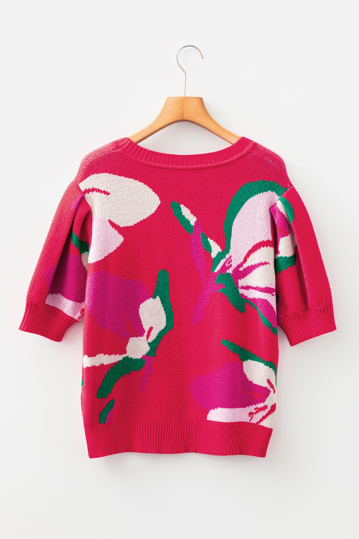 Red Floral Abstract Print Short Puff Sleeve Sweater-TOPS / DRESSES-[Adult]-[Female]-2022 Online Blue Zone Planet