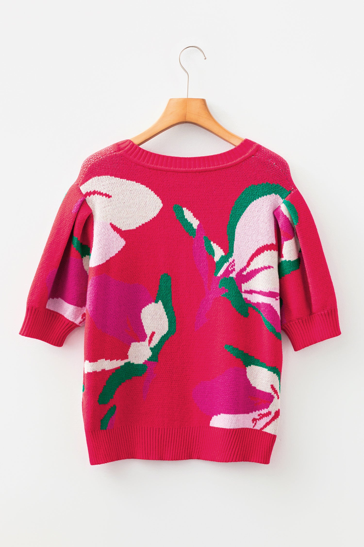 Red Floral Abstract Print Short Puff Sleeve Sweater-TOPS / DRESSES-[Adult]-[Female]-2022 Online Blue Zone Planet