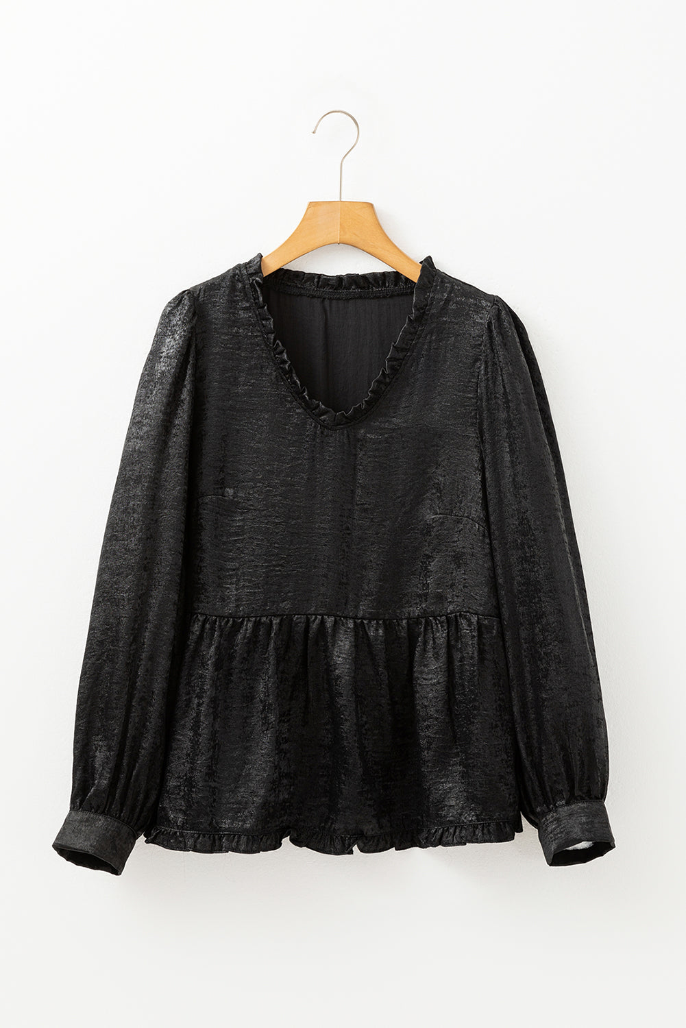 Blue Zone Planet | Black Metallic Frilled V Neck Puff Sleeve Babydoll Blouse-Tops/Blouses & Shirts-[Adult]-[Female]-2022 Online Blue Zone Planet