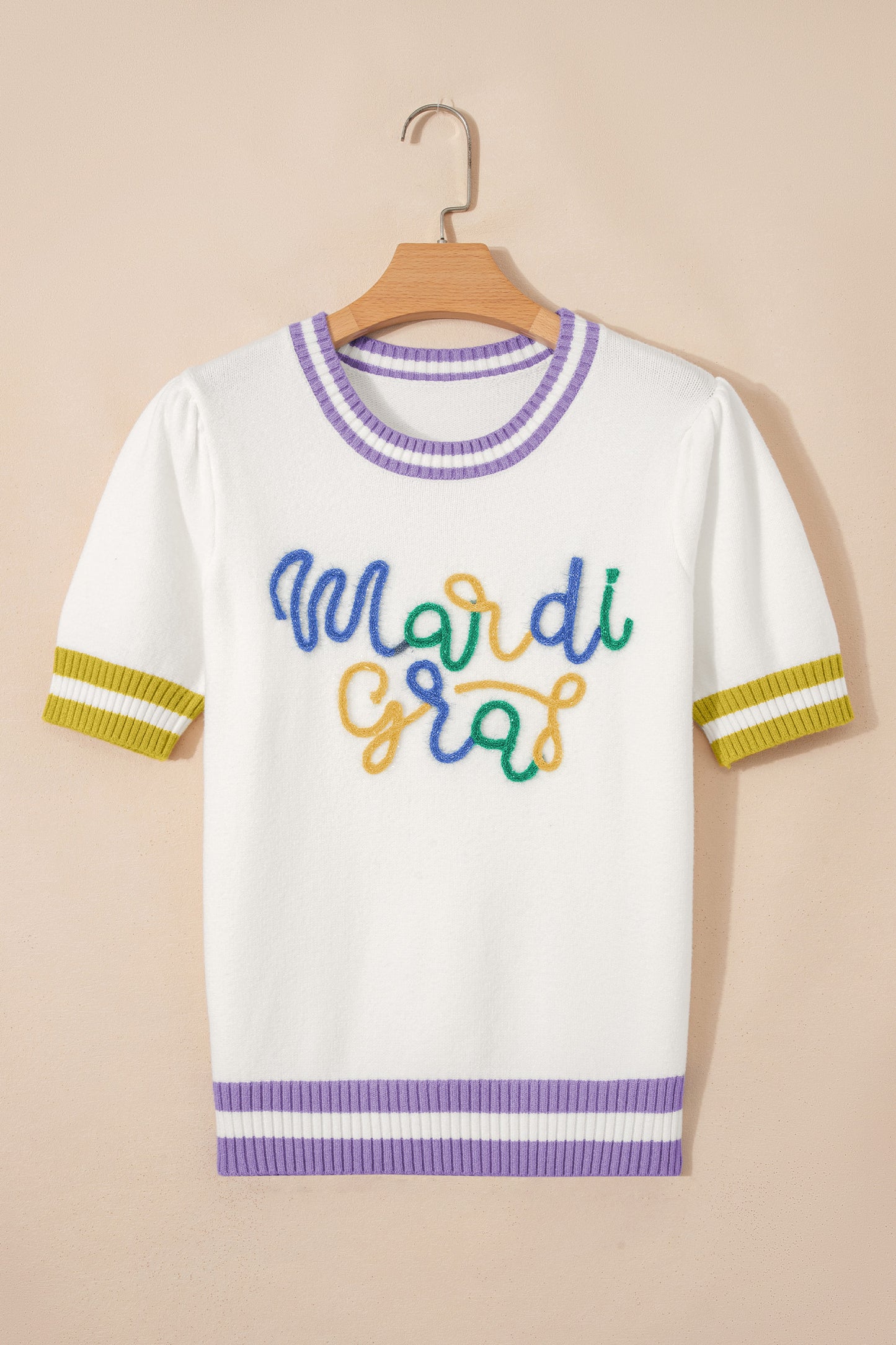 White Mardi Gras Tinsel Letter Graphic Short Sleeve Sweater-Sweaters & Cardigans/Short Sleeve Sweaters-[Adult]-[Female]-2022 Online Blue Zone Planet