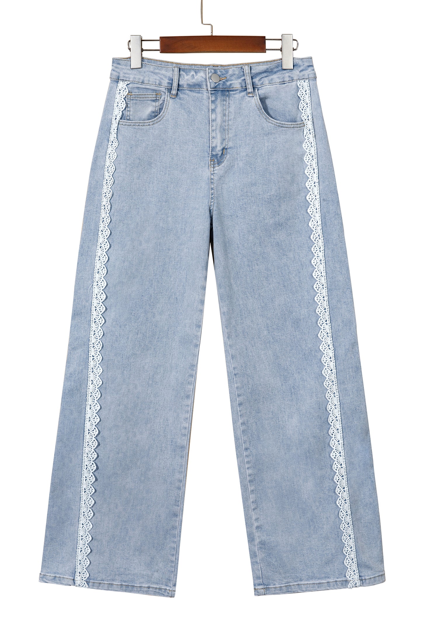 Beau Blue Lace Trim Casual Full-Length Regular Fit Jeans-Bottoms/Jeans-[Adult]-[Female]-2022 Online Blue Zone Planet