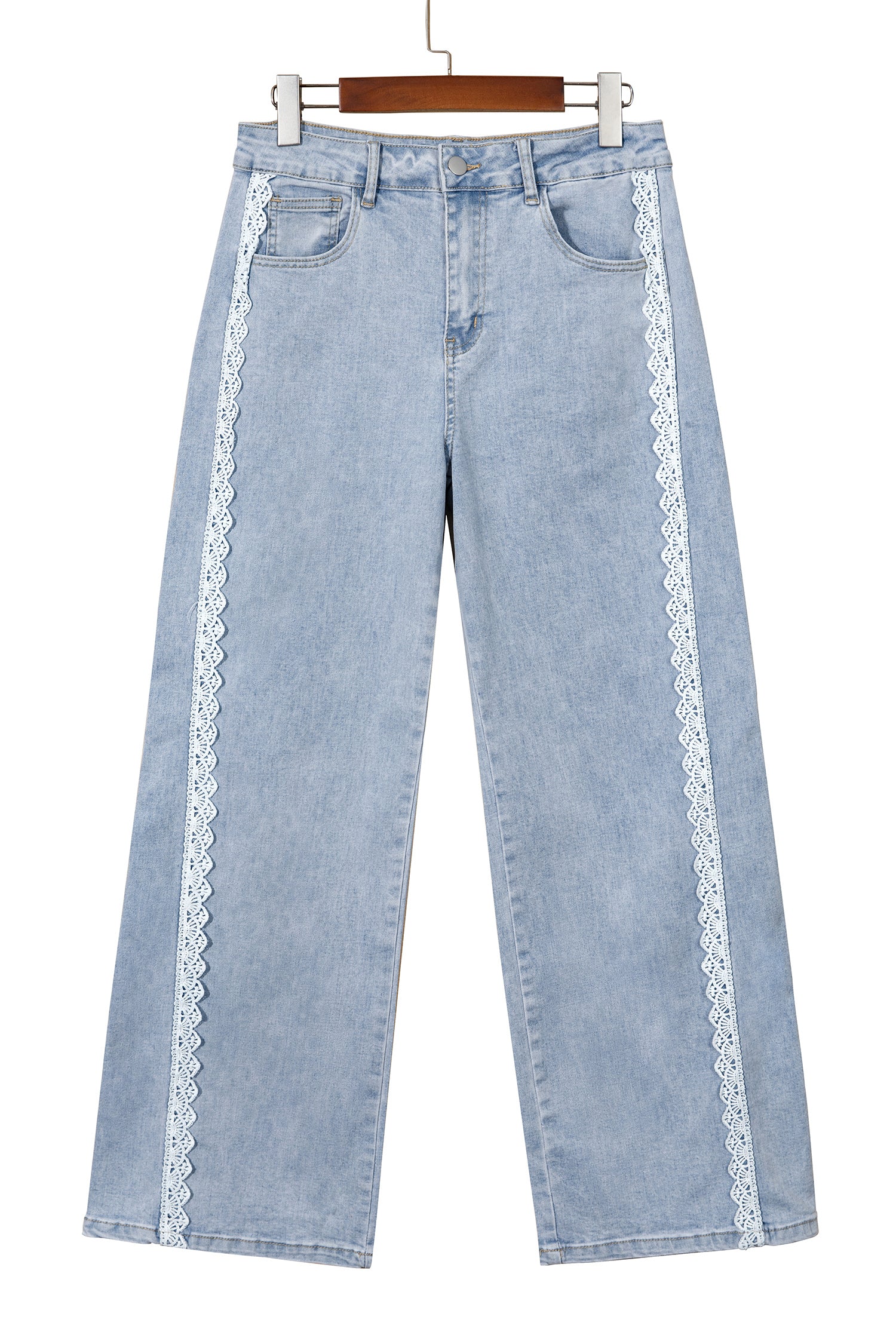 Beau Blue Lace Trim Casual Full-Length Regular Fit Jeans-Bottoms/Jeans-[Adult]-[Female]-2022 Online Blue Zone Planet