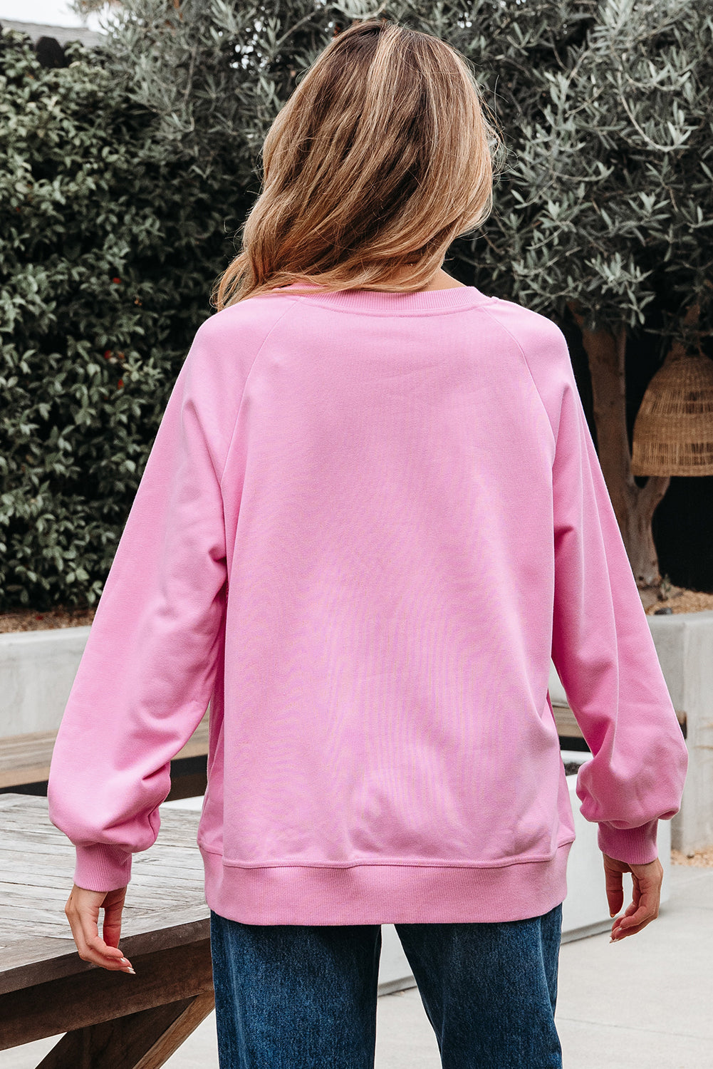 Bright Pink Lace Patched Raglan Sleeve Loose Fit Sweatshirt-Tops/Sweatshirts & Hoodies-[Adult]-[Female]-2022 Online Blue Zone Planet