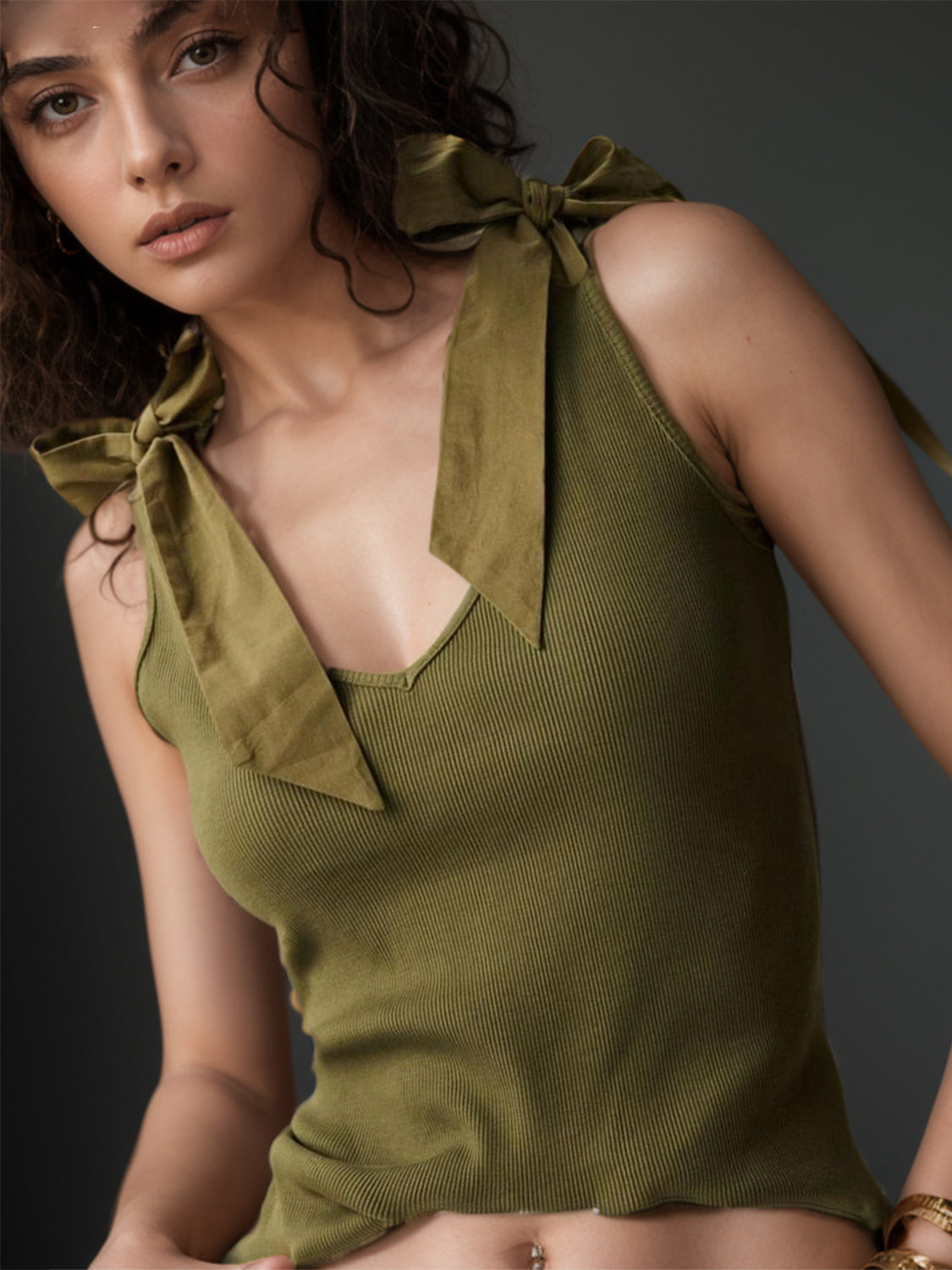 Blue Zone Planet | V-Neck Tie Shoulder Tank-TOPS / DRESSES-[Adult]-[Female]-Army Green-S-2022 Online Blue Zone Planet