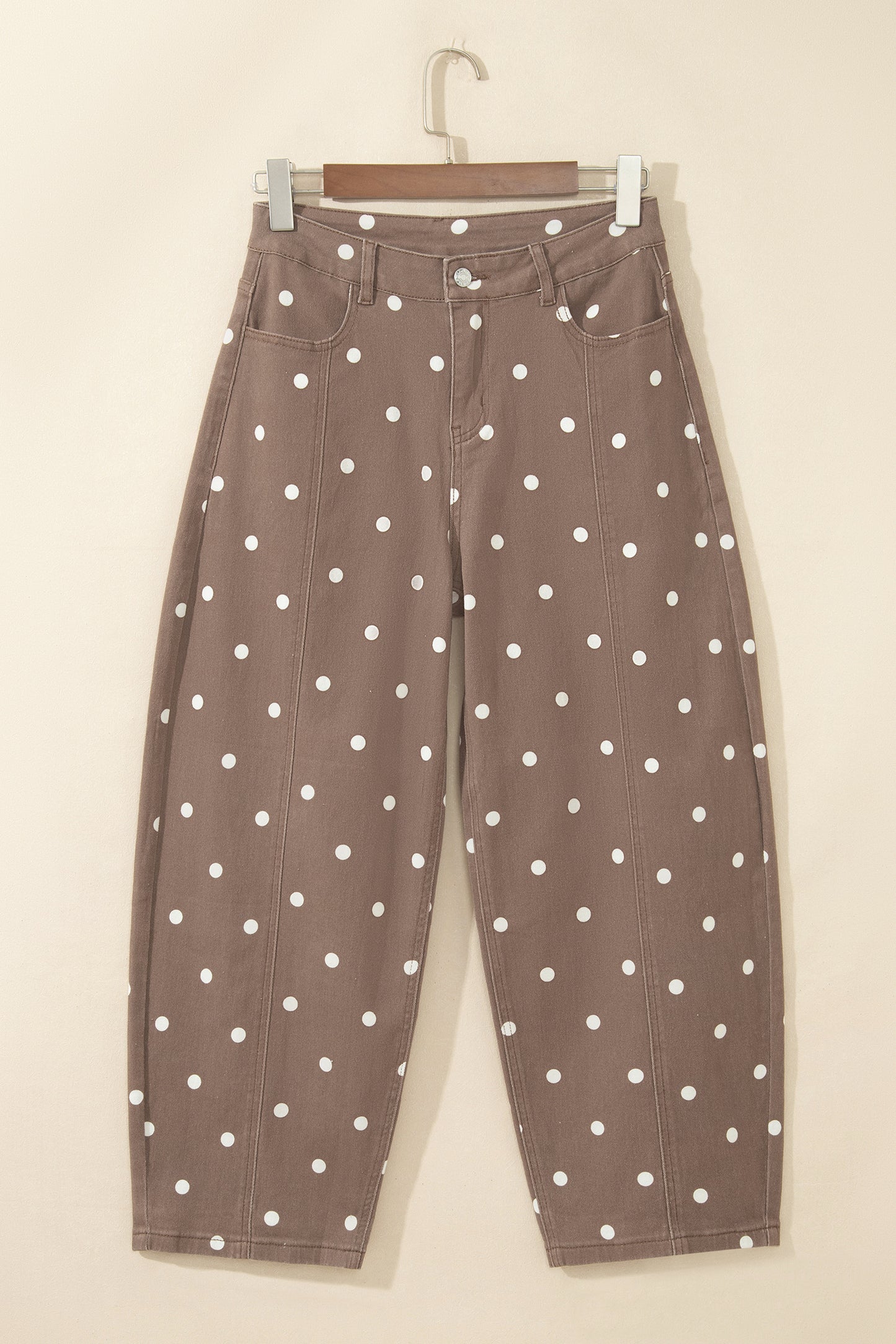 Brown Tailored Seam Polka Dot Print Barrel Casual Jeans-Bottoms/Jeans-[Adult]-[Female]-2022 Online Blue Zone Planet