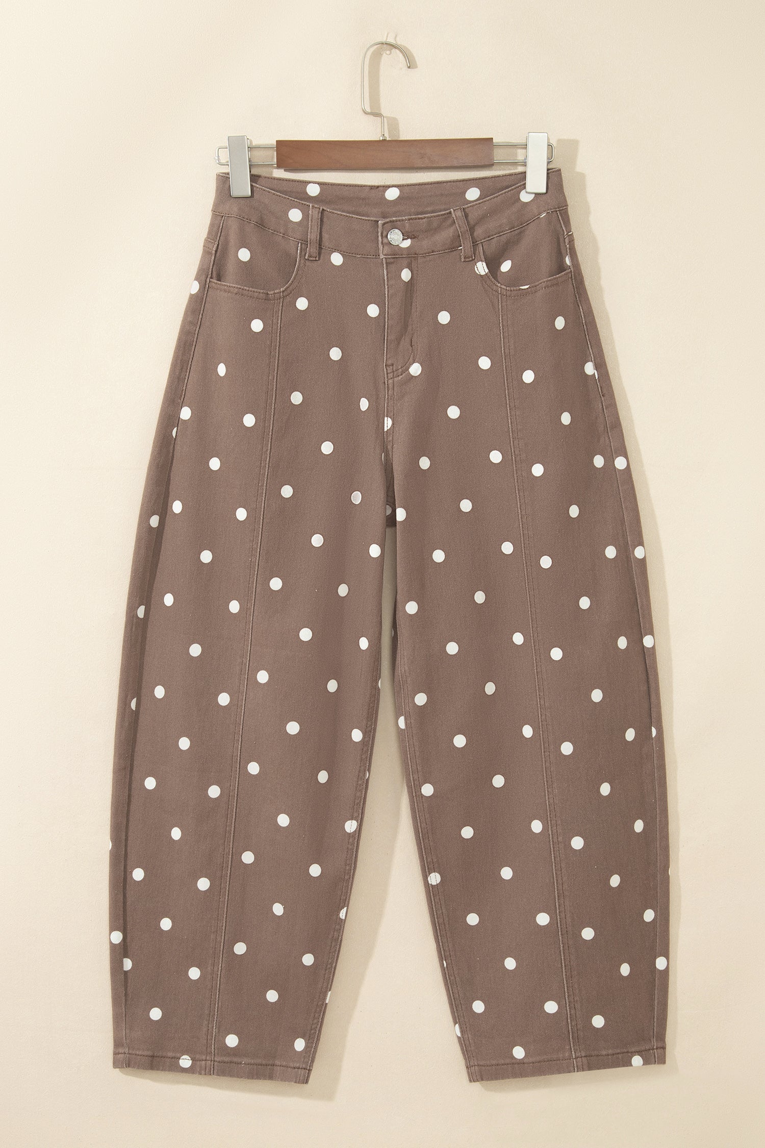 Brown Tailored Seam Polka Dot Print Barrel Casual Jeans-Bottoms/Jeans-[Adult]-[Female]-2022 Online Blue Zone Planet