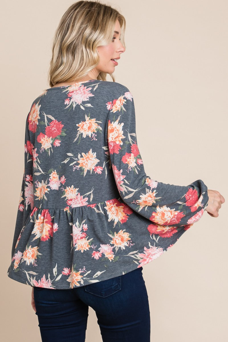 Super Lady Full Size Babydoll Floral Long Sleeve Blouse-TOPS / DRESSES-[Adult]-[Female]-2022 Online Blue Zone Planet