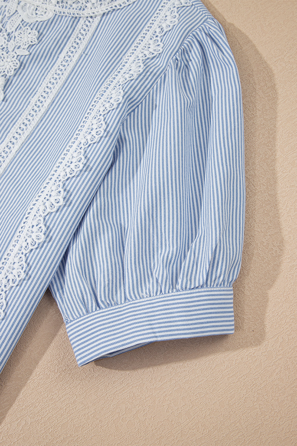 Sky Blue Stripe Floral Lace Splicing Puff Sleeve Blouse-Tops/Blouses & Shirts-[Adult]-[Female]-2022 Online Blue Zone Planet