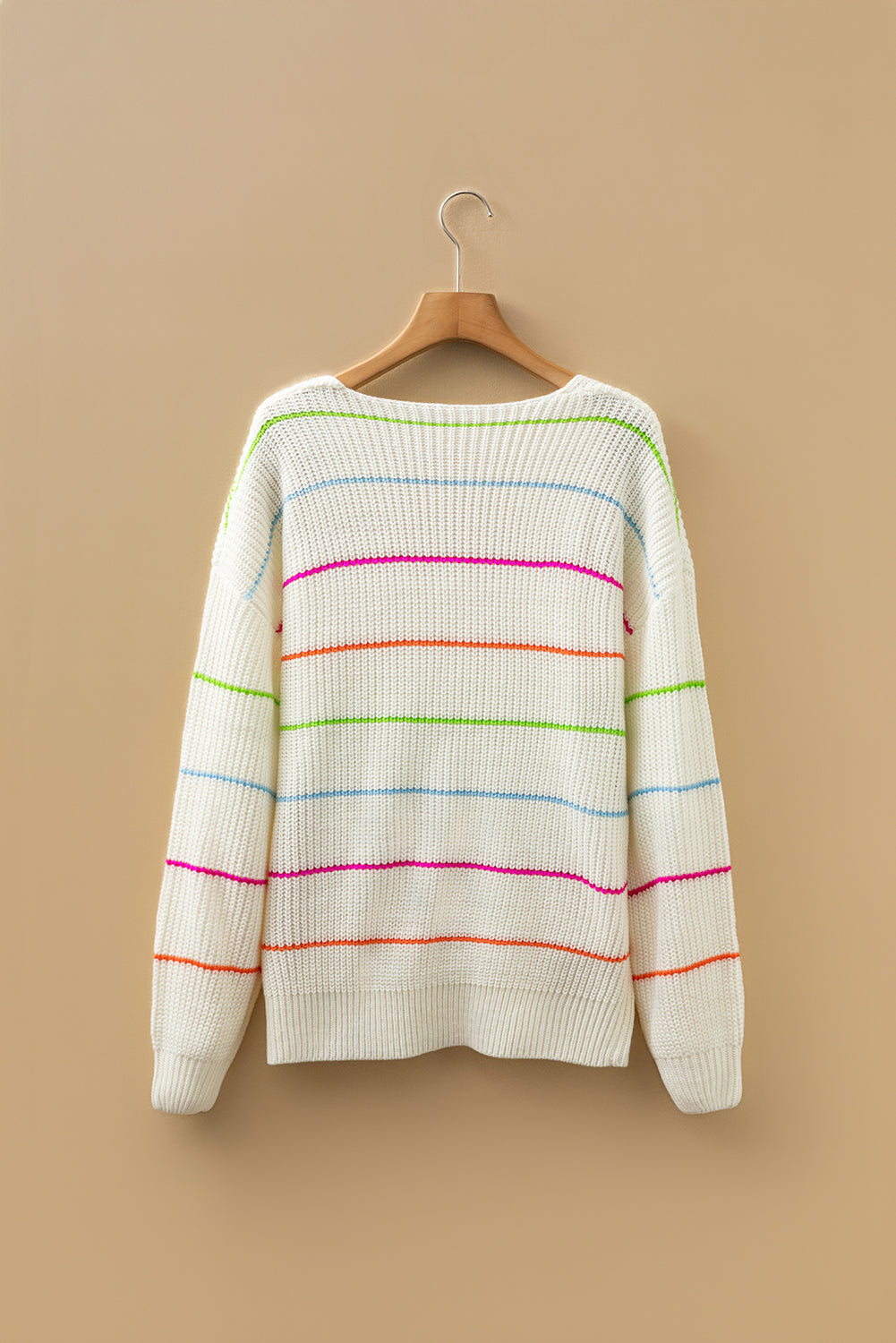 White Colorful Striped Detail V Neck Drop Shoulder Baggy Sweater-TOPS / DRESSES-[Adult]-[Female]-2022 Online Blue Zone Planet