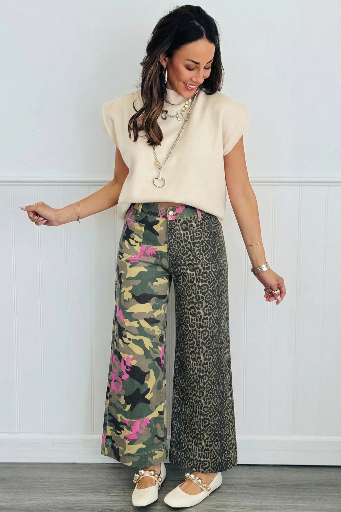 Multicolour Abstract Camouflage Print Contrast Leopard Patchwork Straight Leg Jeans-Bottoms/Jeans-[Adult]-[Female]-2022 Online Blue Zone Planet