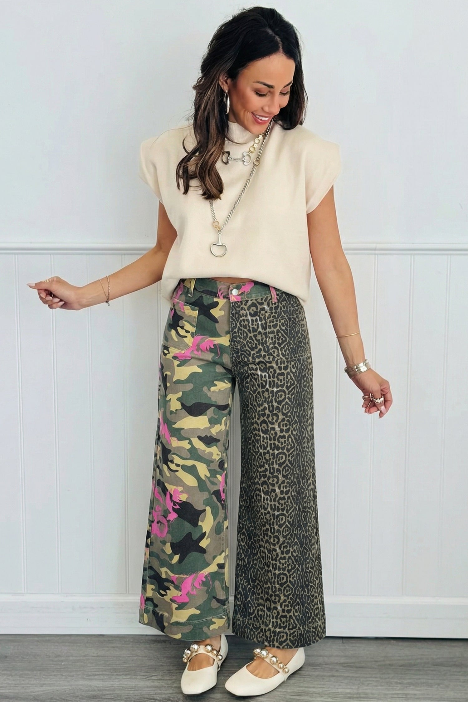 Multicolour Abstract Camouflage Print Contrast Leopard Patchwork Straight Leg Jeans-Bottoms/Jeans-[Adult]-[Female]-2022 Online Blue Zone Planet