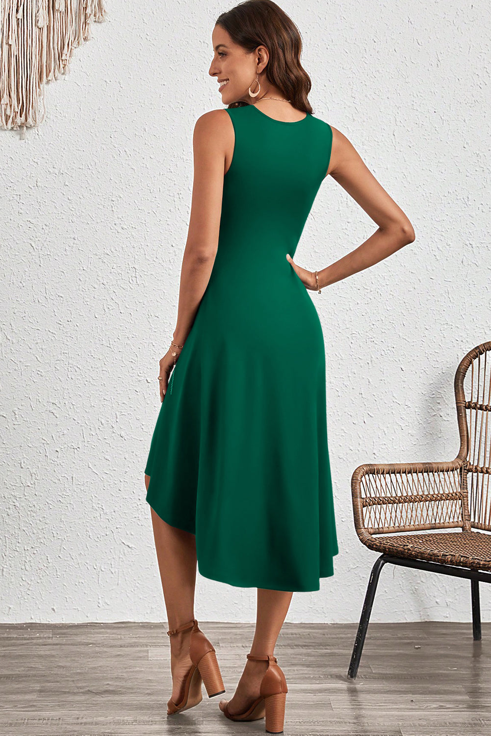 Blackish Green Solid Color Round Neck Ruched Detail Sleeveless Mini Dress