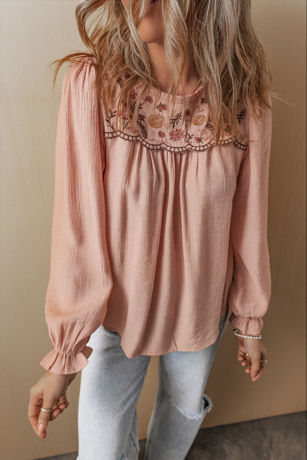 Blue Zone Planet | Gossamer Pink Floral Embroidered Textured Flounce Sleeve Elegant Blouse-Tops/Blouses & Shirts-[Adult]-[Female]-2022 Online Blue Zone Planet