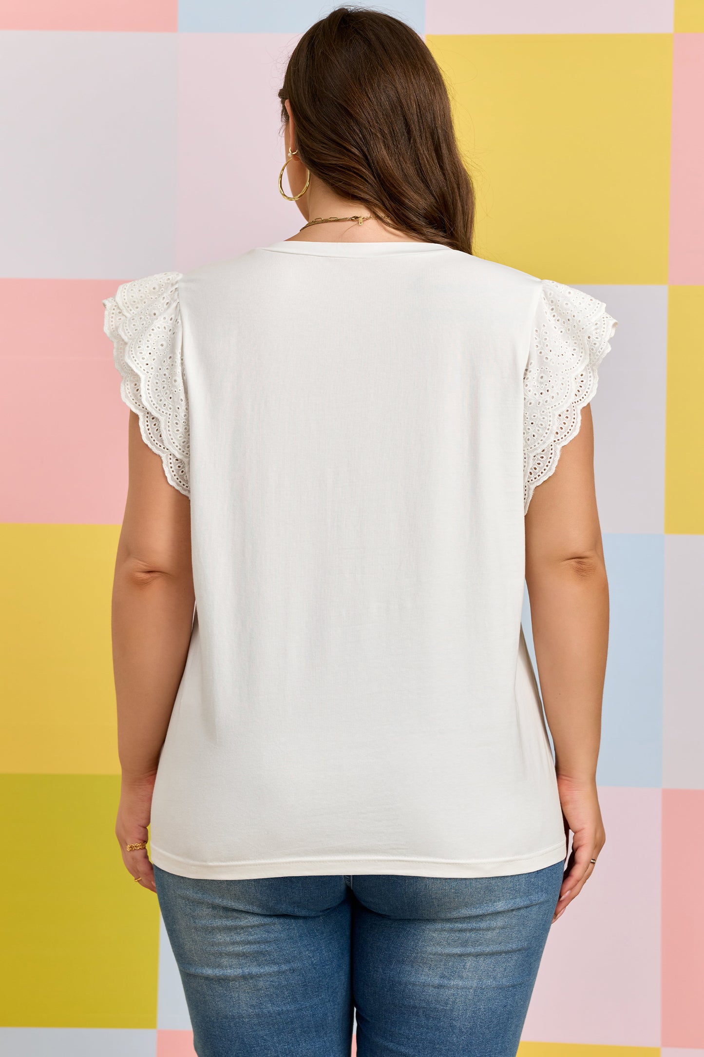 White Eyelet Crochet Splicing Short Sleeve Plus Size Tee-Plus Size/Plus Size Tops/Plus Size Tops & Tees-[Adult]-[Female]-2022 Online Blue Zone Planet