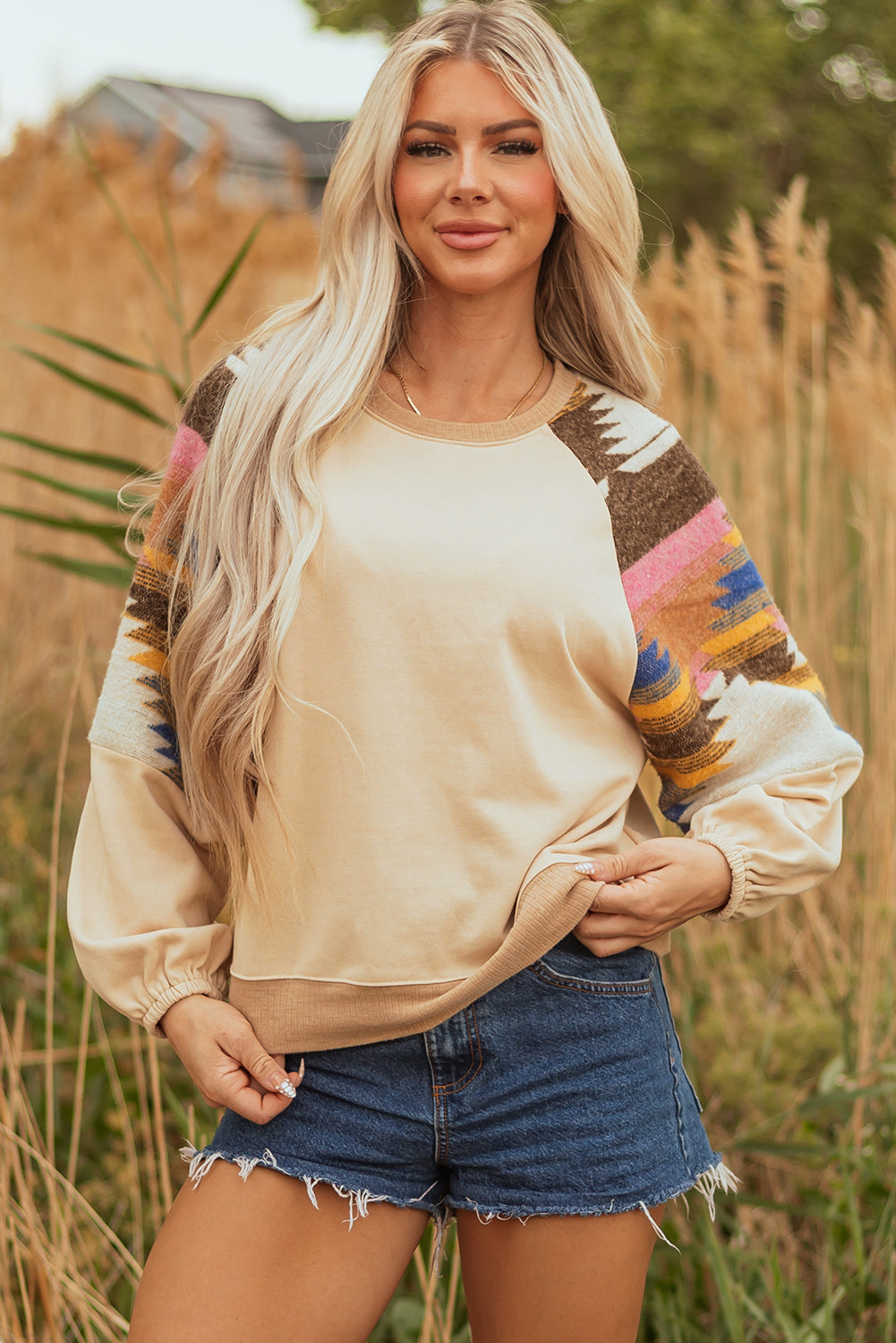 Light French Beige Aztec Patchwork Raglan Pullover Sweatshirt-Tops/Sweatshirts & Hoodies-[Adult]-[Female]-2022 Online Blue Zone Planet