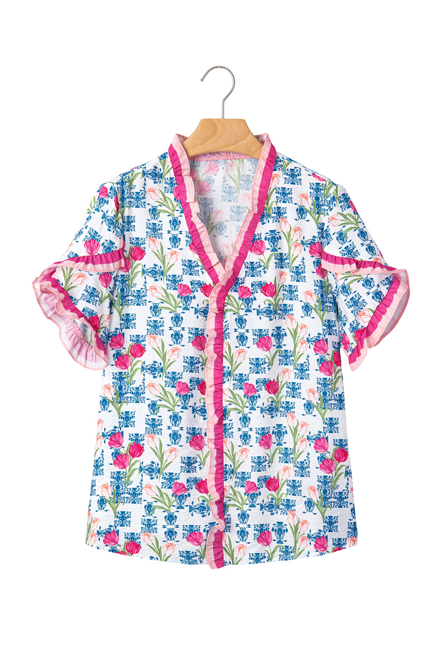 Rose Floral Print Ruffle V-Neck Short Sleeve Loose Tunic Shirt-Tops/Blouses & Shirts-[Adult]-[Female]-2022 Online Blue Zone Planet