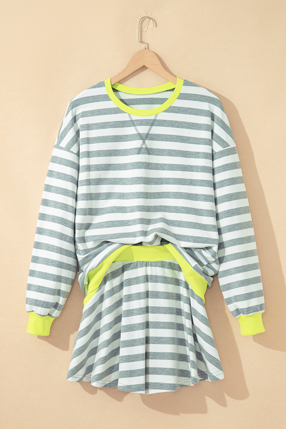 Gray Stripe Contrast Ribbed Banding Long Sleeve Blouse Loose Shorts Set-Two Piece Sets/Short Sets-[Adult]-[Female]-2022 Online Blue Zone Planet