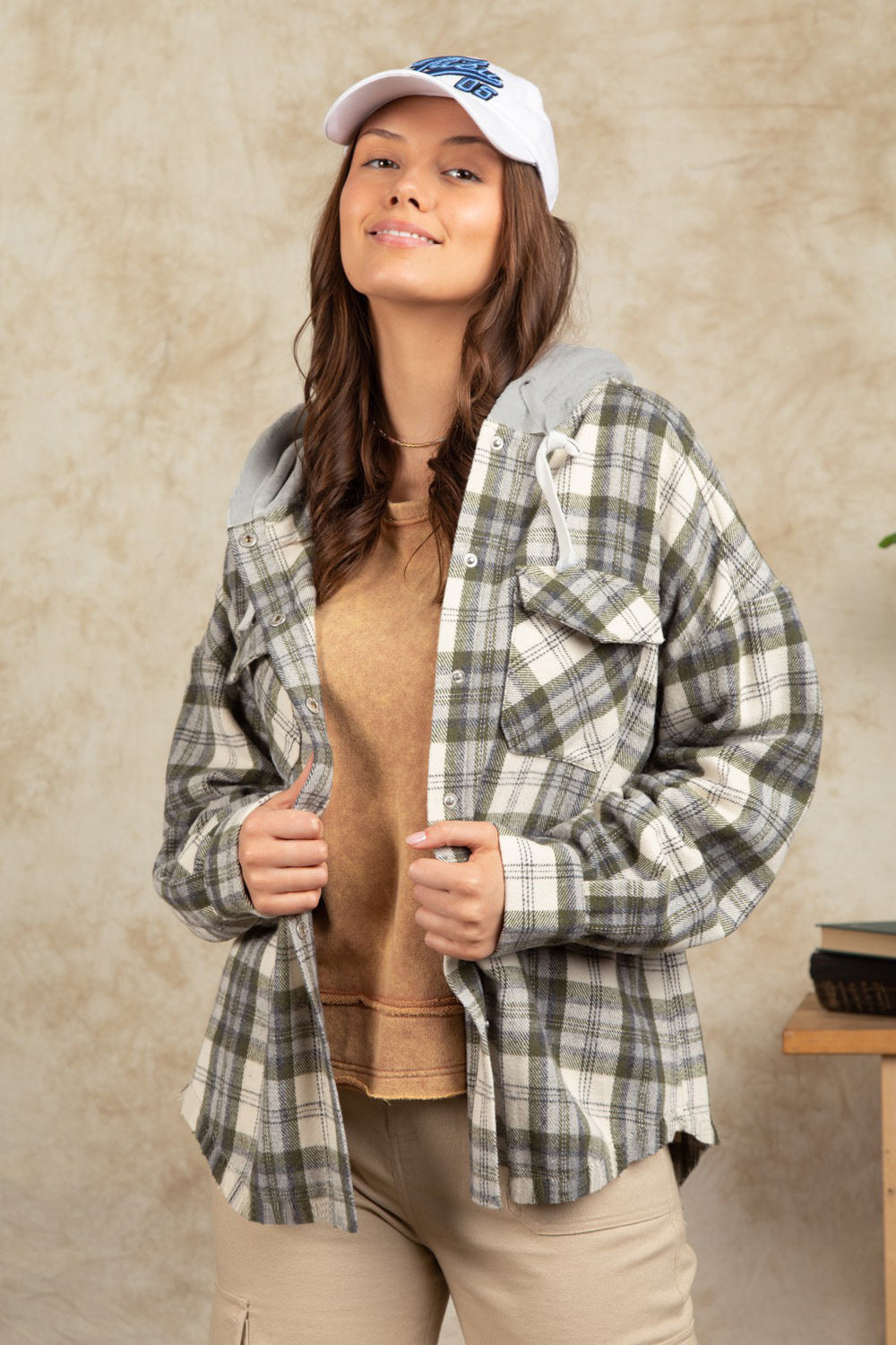 Drawstring Plaid Long Sleeve Hooded Jacket-TOPS / DRESSES-[Adult]-[Female]-Sage-S-2022 Online Blue Zone Planet