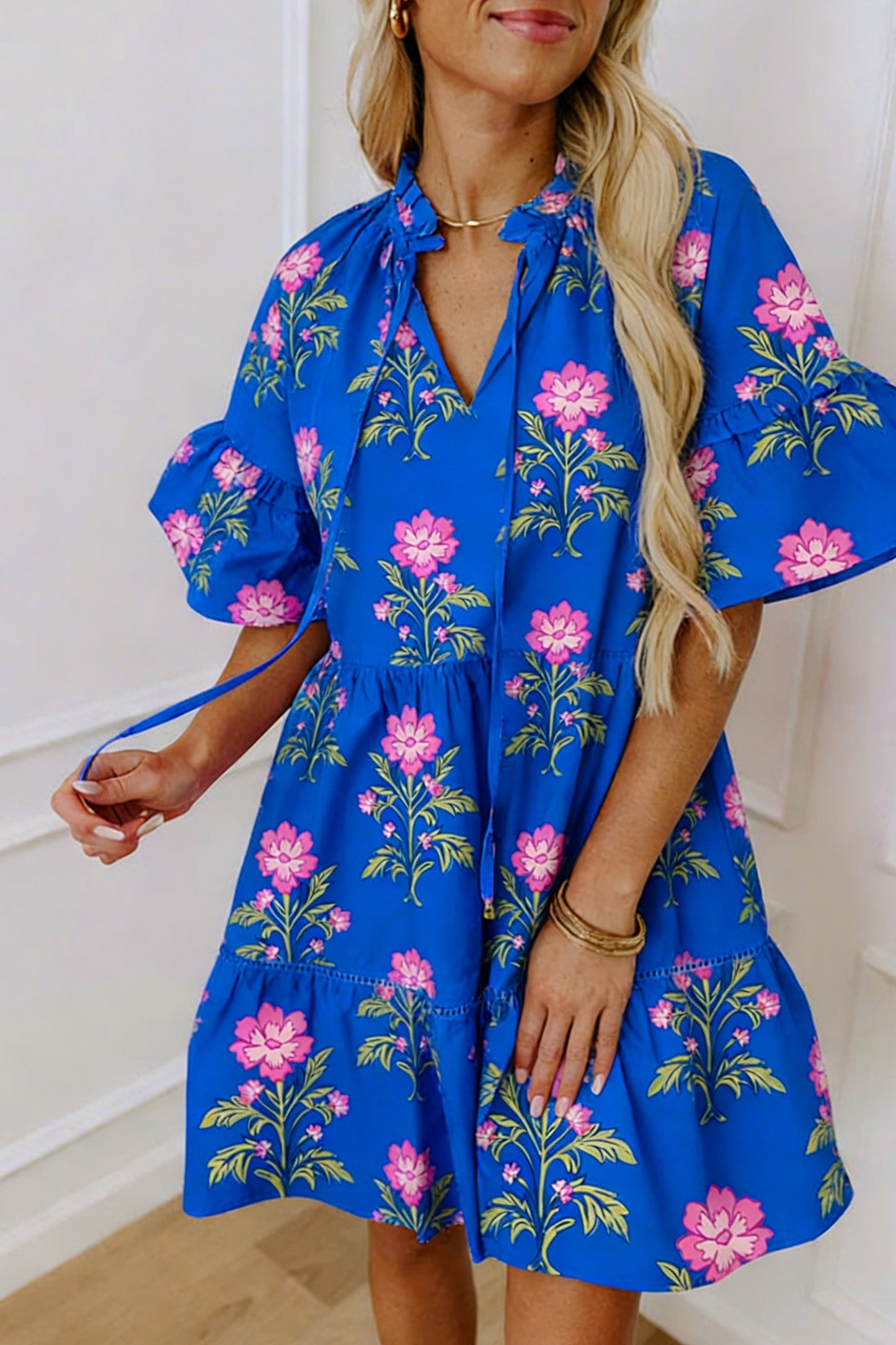 Blue V Neck Short Sleeve Loose Flower Dress-Dresses/Floral Dresses-[Adult]-[Female]-2022 Online Blue Zone Planet