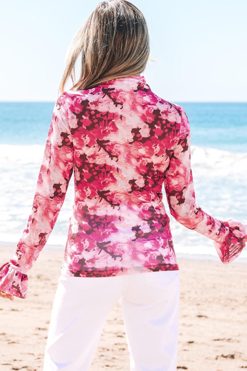 Rose Floral Mesh Flounce Sleeve Mock Neck Blouse-Tops/Blouses & Shirts-[Adult]-[Female]-2022 Online Blue Zone Planet