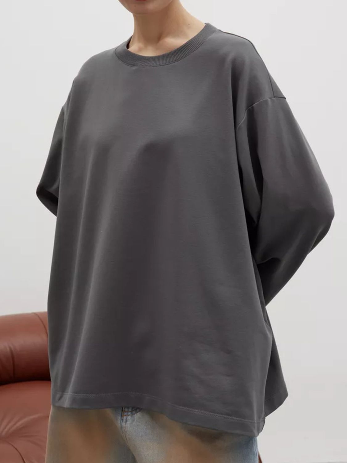 Round Neck Dropped Shoulder Long Sleeve T-Shirt-TOPS / DRESSES-[Adult]-[Female]-Dark Gray-S-2022 Online Blue Zone Planet