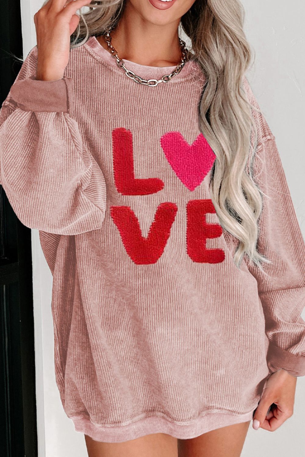 Blue Zone Planet | Valentine’s Day LOVE Round Neck Long Sleeve Sweatshirt-TOPS / DRESSES-[Adult]-[Female]-2022 Online Blue Zone Planet