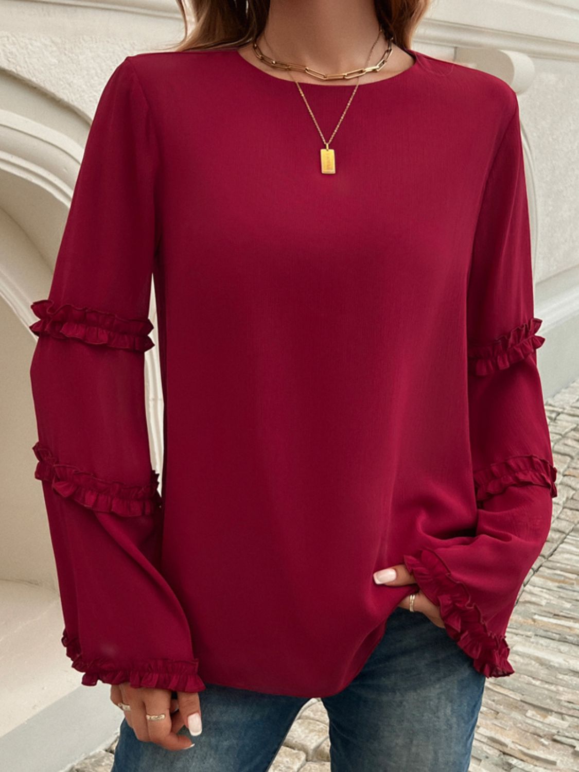 Devine Frill Round Neck Long Sleeve Top-TOPS / DRESSES-[Adult]-[Female]-2022 Online Blue Zone Planet