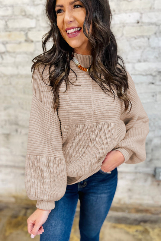 Parchment Mixed Texture Patchwork Knitted Puff Sleeve Sweater-TOPS / DRESSES-[Adult]-[Female]-Parchment-S-2022 Online Blue Zone Planet