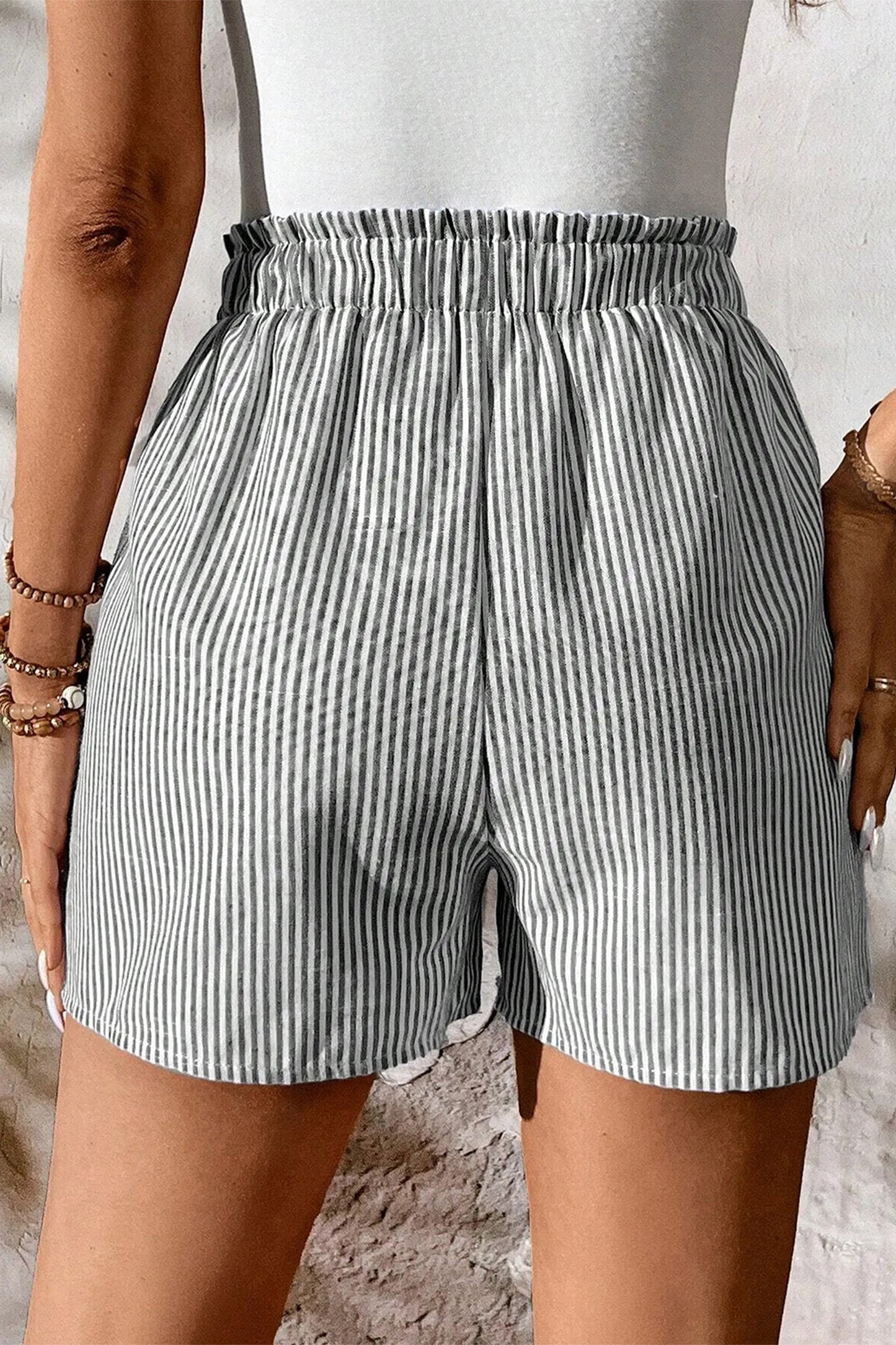 Gray Stripe Lace-Up Elastic Waist Casual Pocketed Shorts-Bottoms/Casual Shorts-[Adult]-[Female]-2022 Online Blue Zone Planet