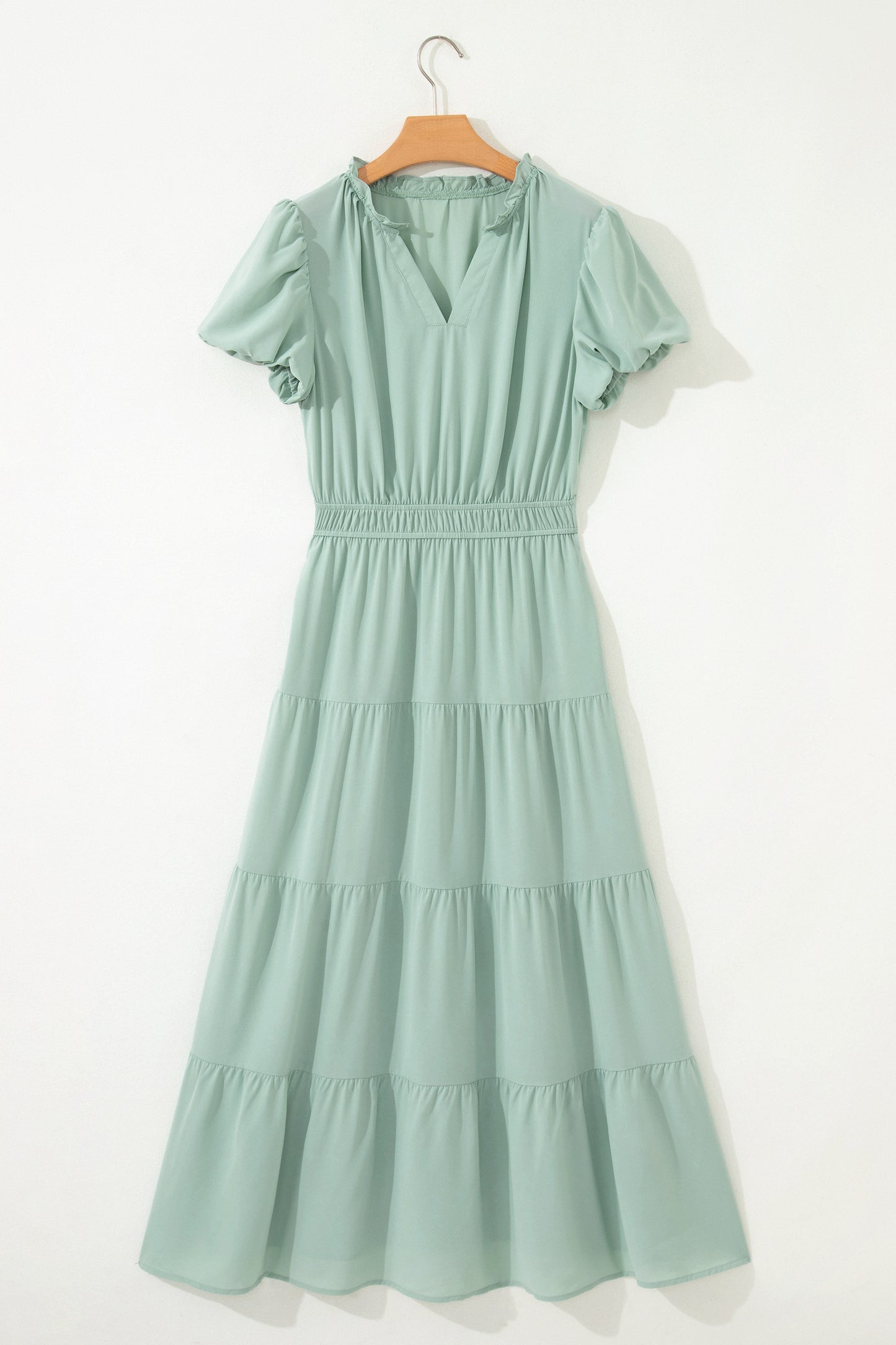 Clearly Aqua Solid Color V Neck Short Puff Sleeve High Waist Tiered Maxi Dress-TOPS / DRESSES-[Adult]-[Female]-2022 Online Blue Zone Planet