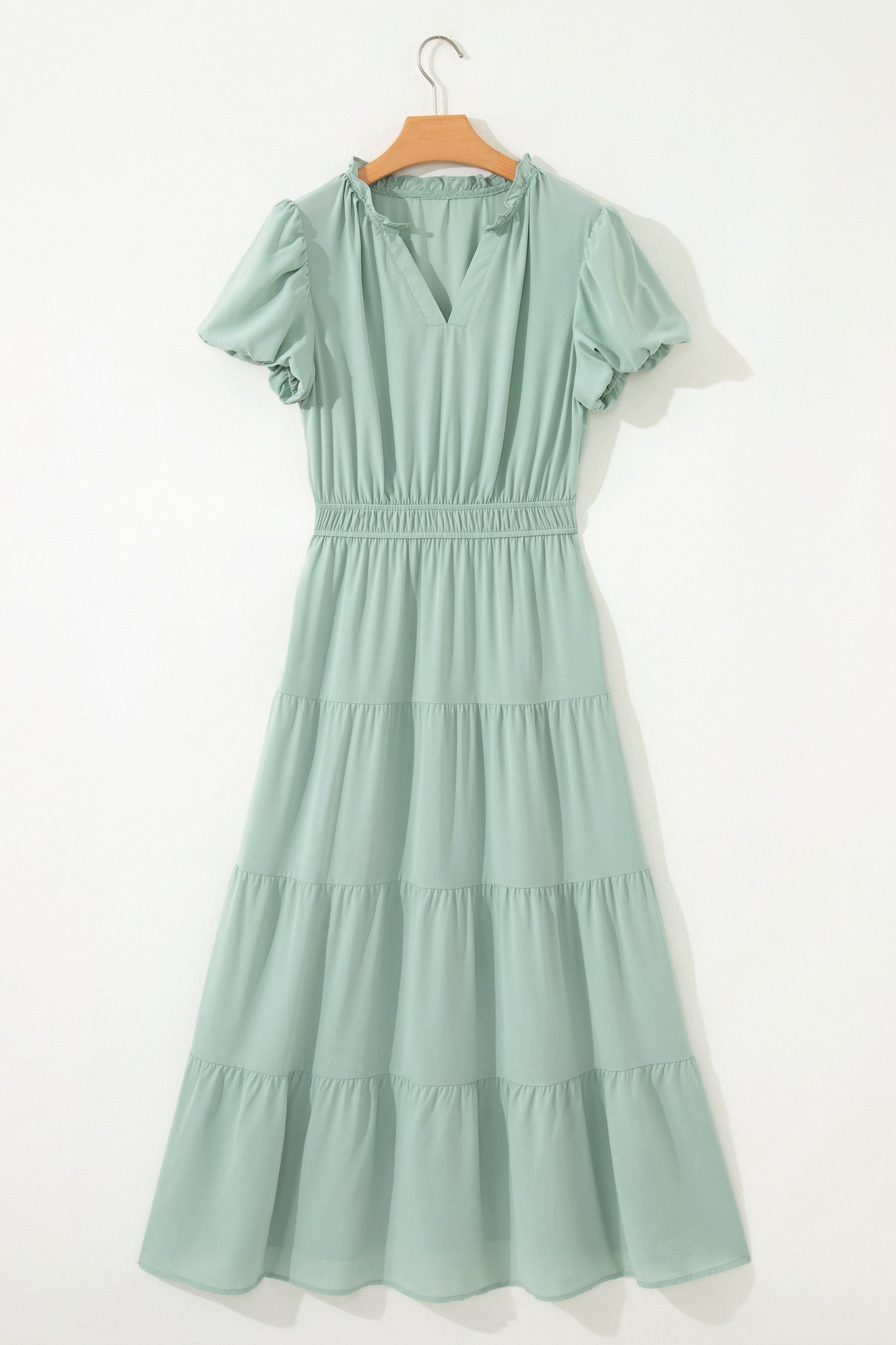Clearly Aqua Solid Color V Neck Short Puff Sleeve High Waist Tiered Maxi Dress-TOPS / DRESSES-[Adult]-[Female]-2022 Online Blue Zone Planet