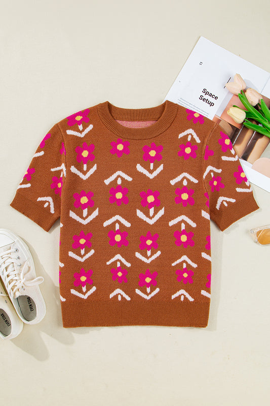 Brown Floral Short Puff Sleeve Sweater-TOPS / DRESSES-[Adult]-[Female]-2022 Online Blue Zone Planet