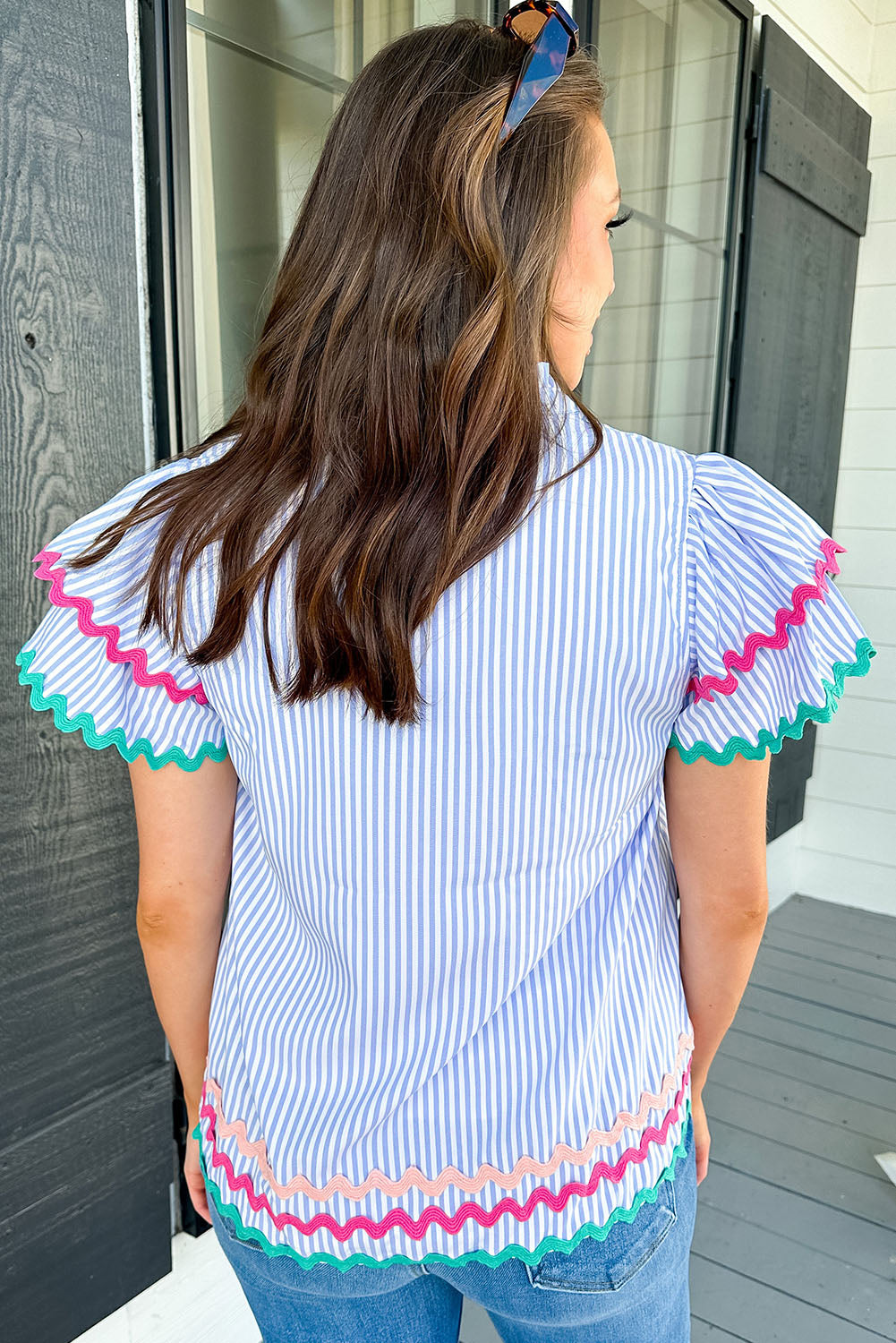 Sky Blue Stripe Ricrac Trim Split Neck Striped Ruffled Sleeve Blouse-Tops/Blouses & Shirts-[Adult]-[Female]-2022 Online Blue Zone Planet