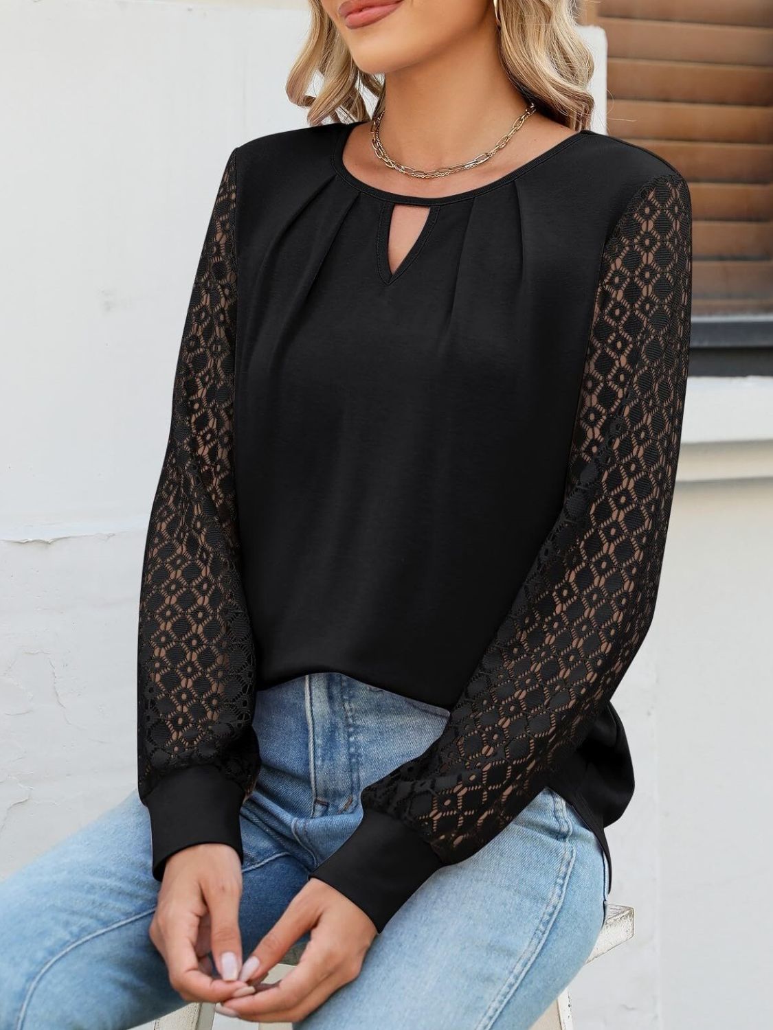 Cutout Round Neck Lace Long Sleeve Blouse-TOPS / DRESSES-[Adult]-[Female]-Black-S-2022 Online Blue Zone Planet