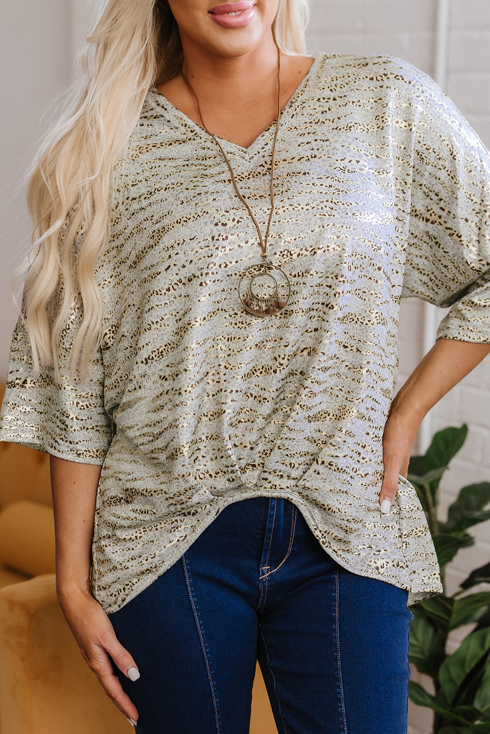 Gray Leopard Print Half Sleeve V Neck Loose Fit T Shirt-Tops/Tops & Tees-[Adult]-[Female]-2022 Online Blue Zone Planet