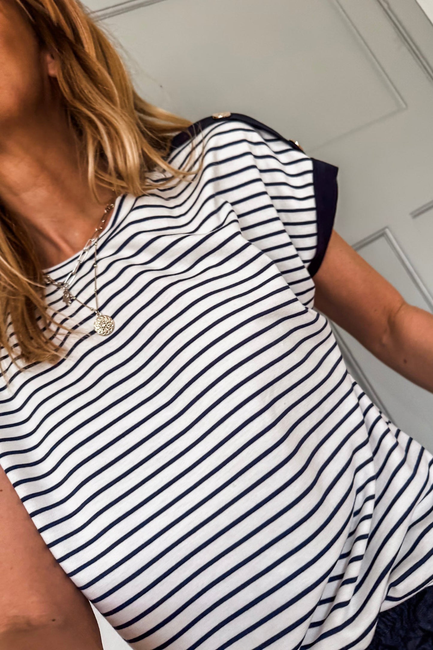 Black Stripe Cuffed Sleeve Button Detail Loose Tee-Tops/Tops & Tees-[Adult]-[Female]-2022 Online Blue Zone Planet