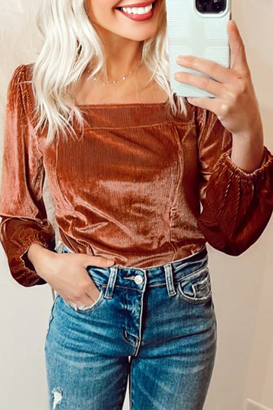 Clay Velvet Ribbed Texture Square Neck Slim Puff Sleeve Top-Tops/Blouses & Shirts-[Adult]-[Female]-2022 Online Blue Zone Planet