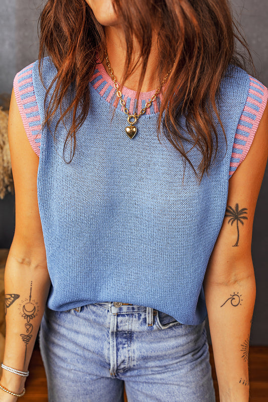 Sky Blue Contrast Trim Round Neck Sleeveless Sweater-TOPS / DRESSES-[Adult]-[Female]-Sky Blue-S-2022 Online Blue Zone Planet