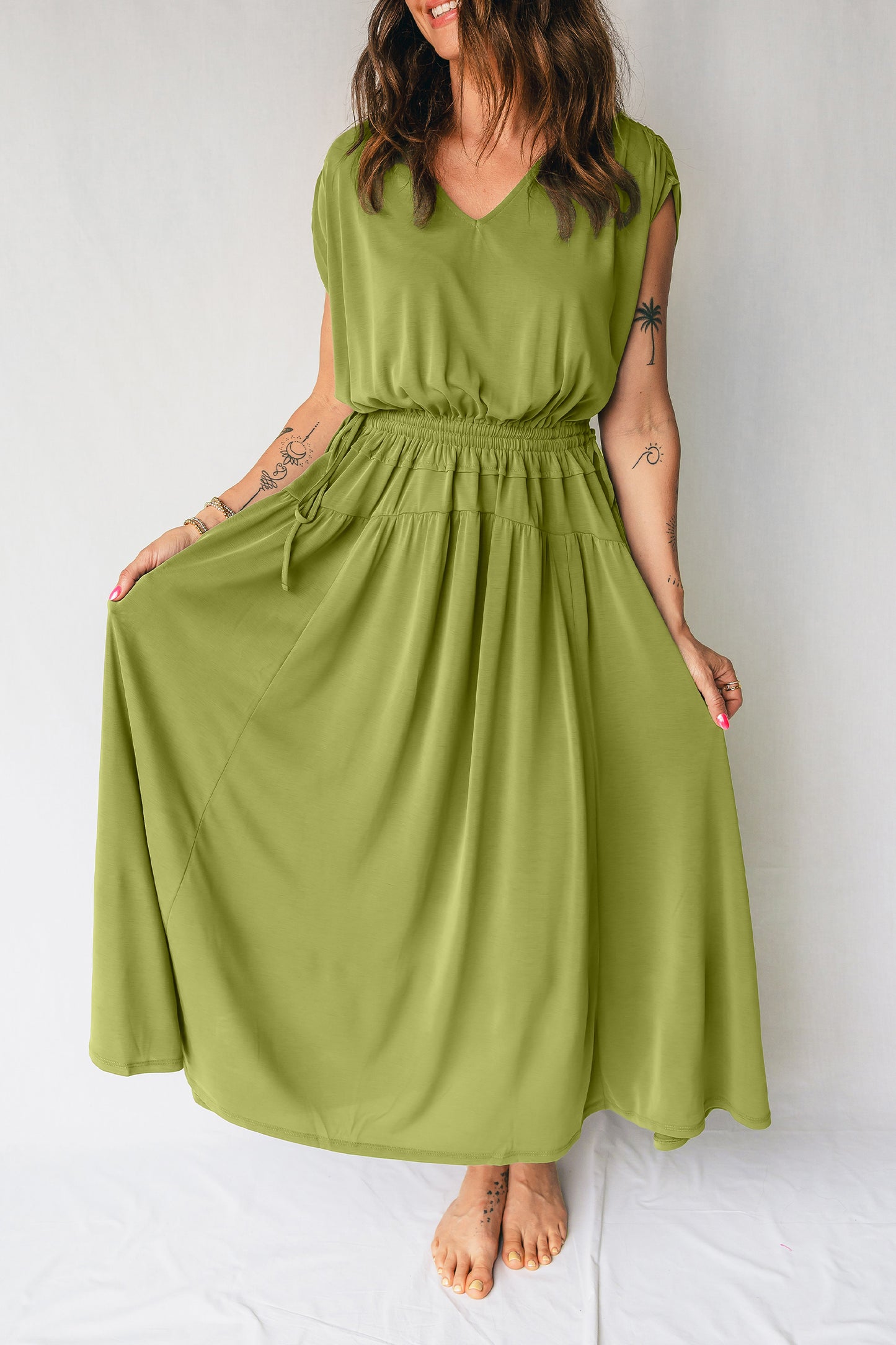 Fern Green Solid V Neck Cap Sleeve Tunic Elastic Waist Versatile Maxi Dress-Dresses/Maxi Dresses-[Adult]-[Female]-2022 Online Blue Zone Planet
