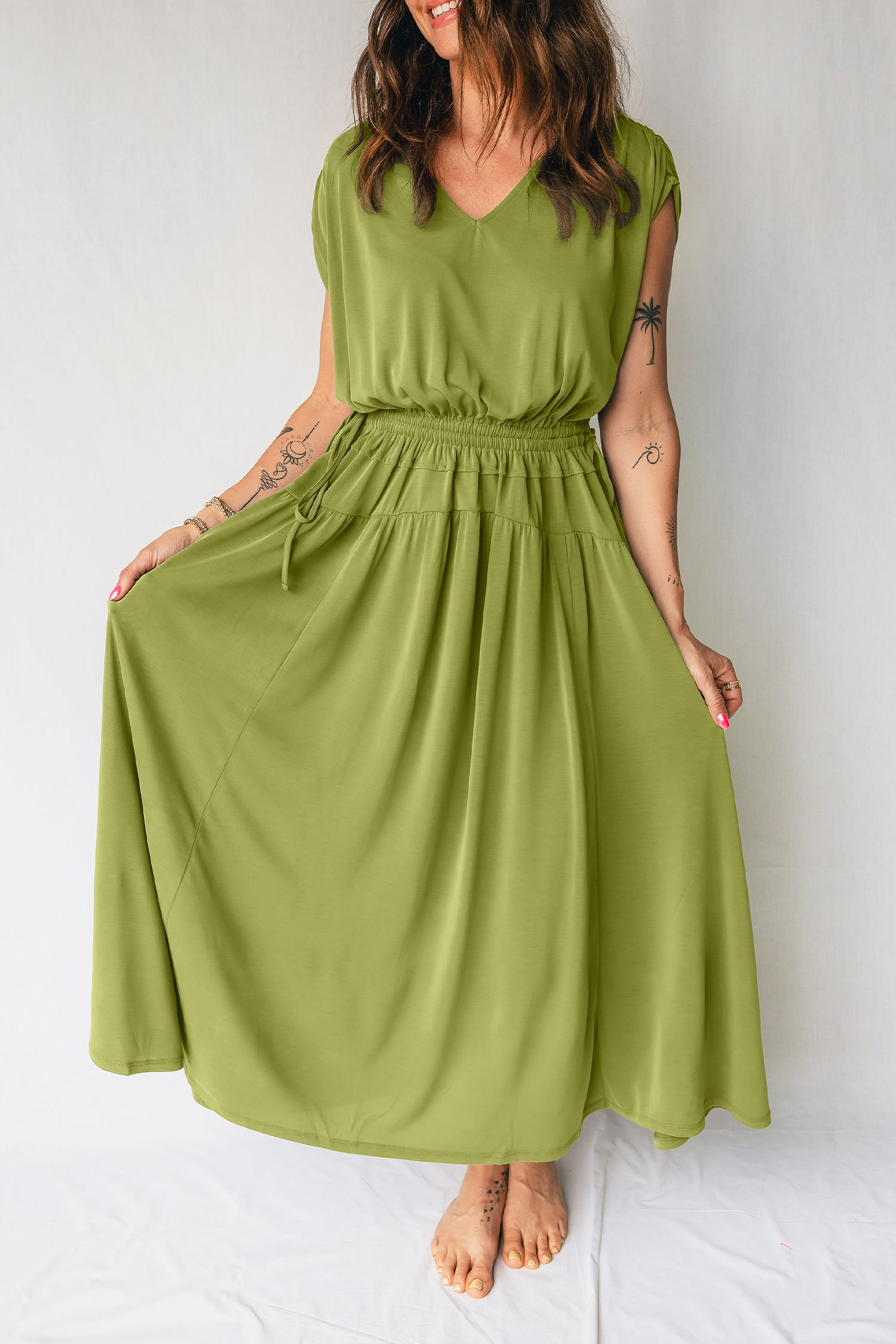 Fern Green Solid V Neck Cap Sleeve Tunic Elastic Waist Versatile Maxi Dress-Dresses/Maxi Dresses-[Adult]-[Female]-2022 Online Blue Zone Planet